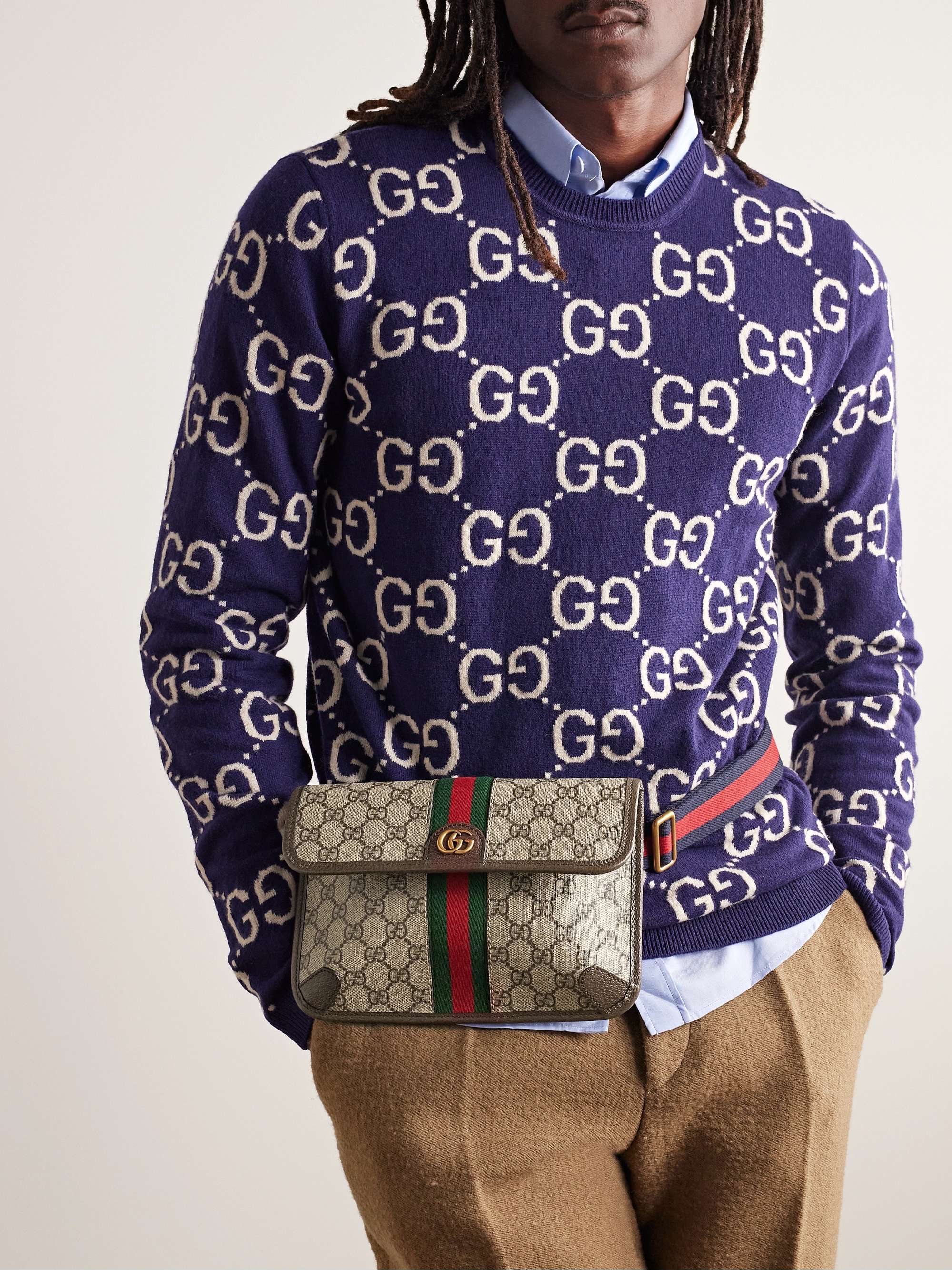 GUCCI Leather-Trimmed Monogrammed Coated-Canvas Belt Bag for Men