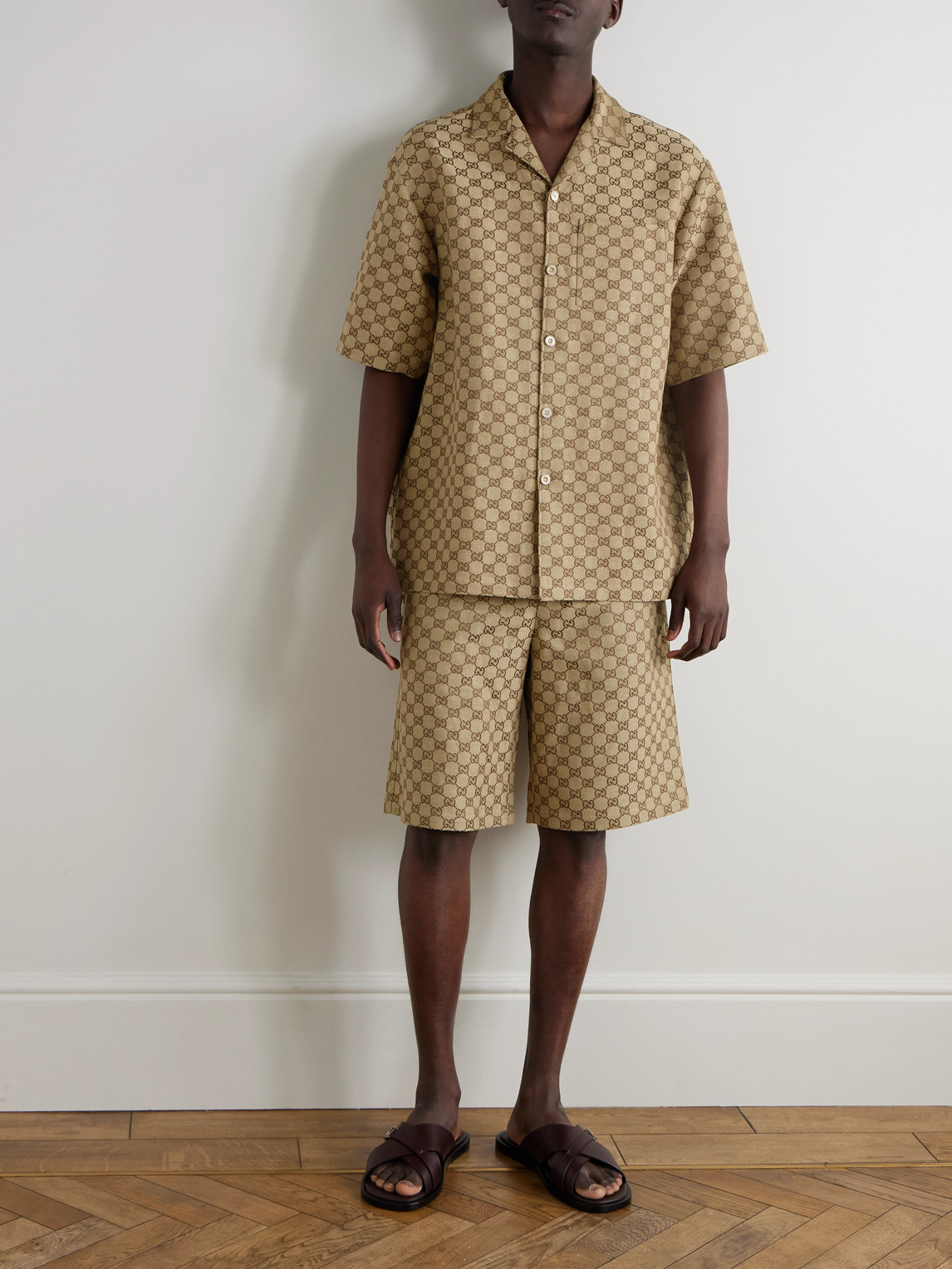 Camp-Collar Monogrammed Linen-Blend Jacquard Shirt — 2
