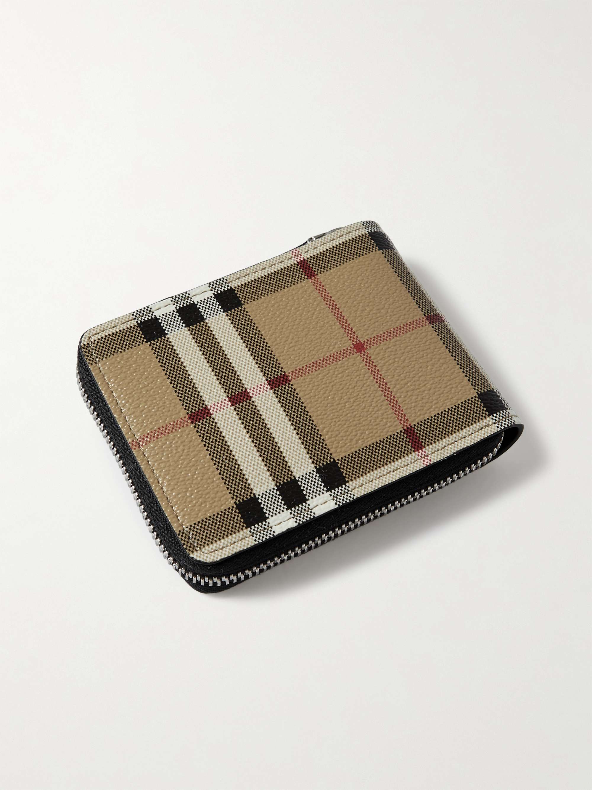 Leather and checked coated-canvas wallet