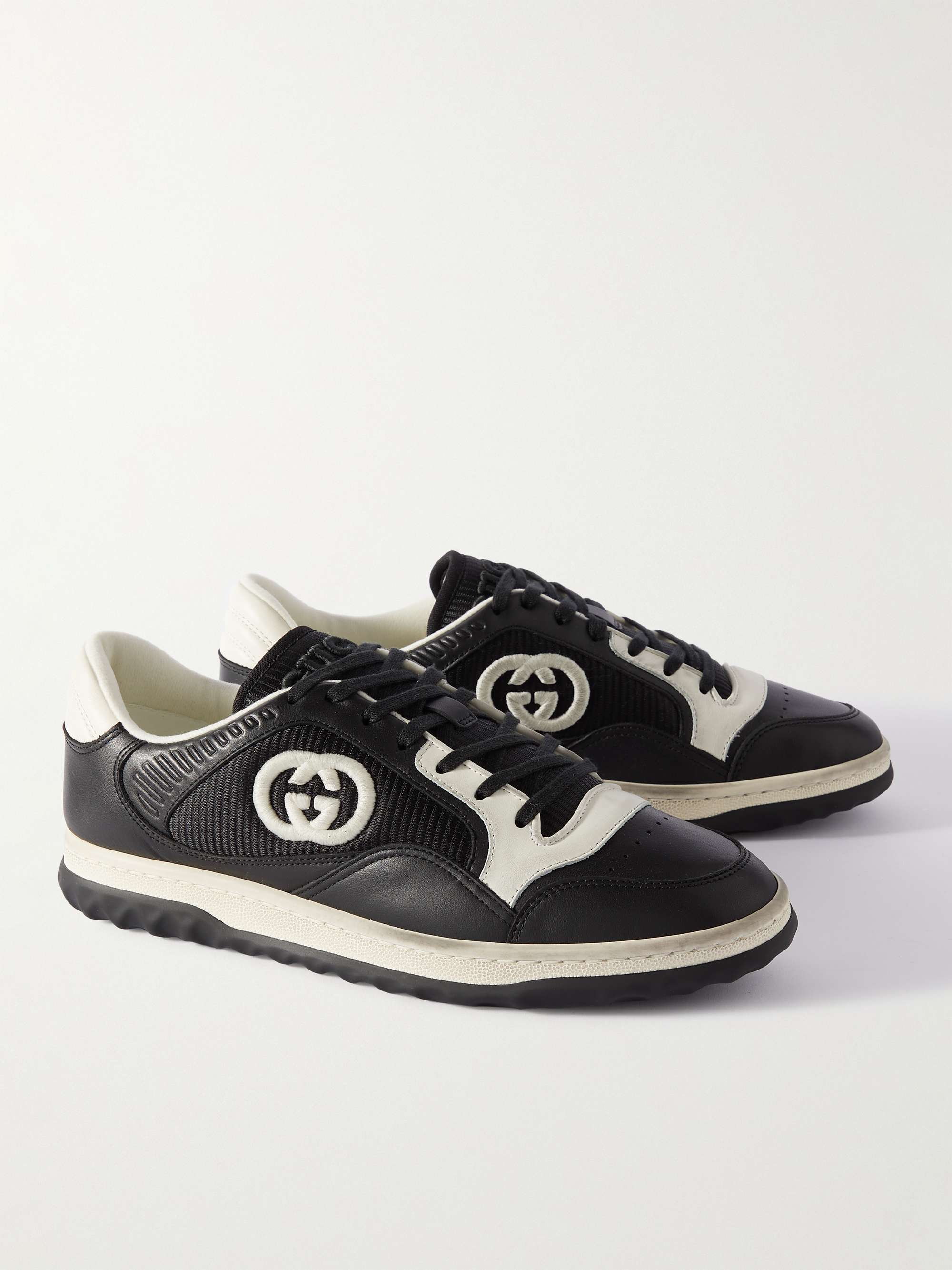 GUCCI Logo-Embroidered Mesh and Leather Sneakers for Men | MR PORTER