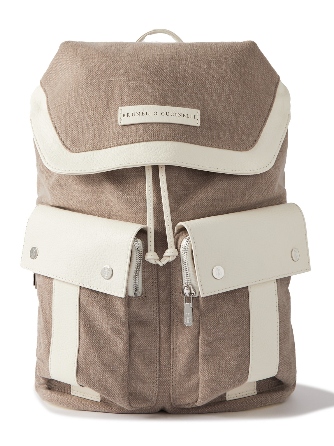 BRUNELLO CUCINELLI FULL-GRAIN LEATHER-TRIMMED COTTON AND LINEN-BLEND CANVAS BACKPACK