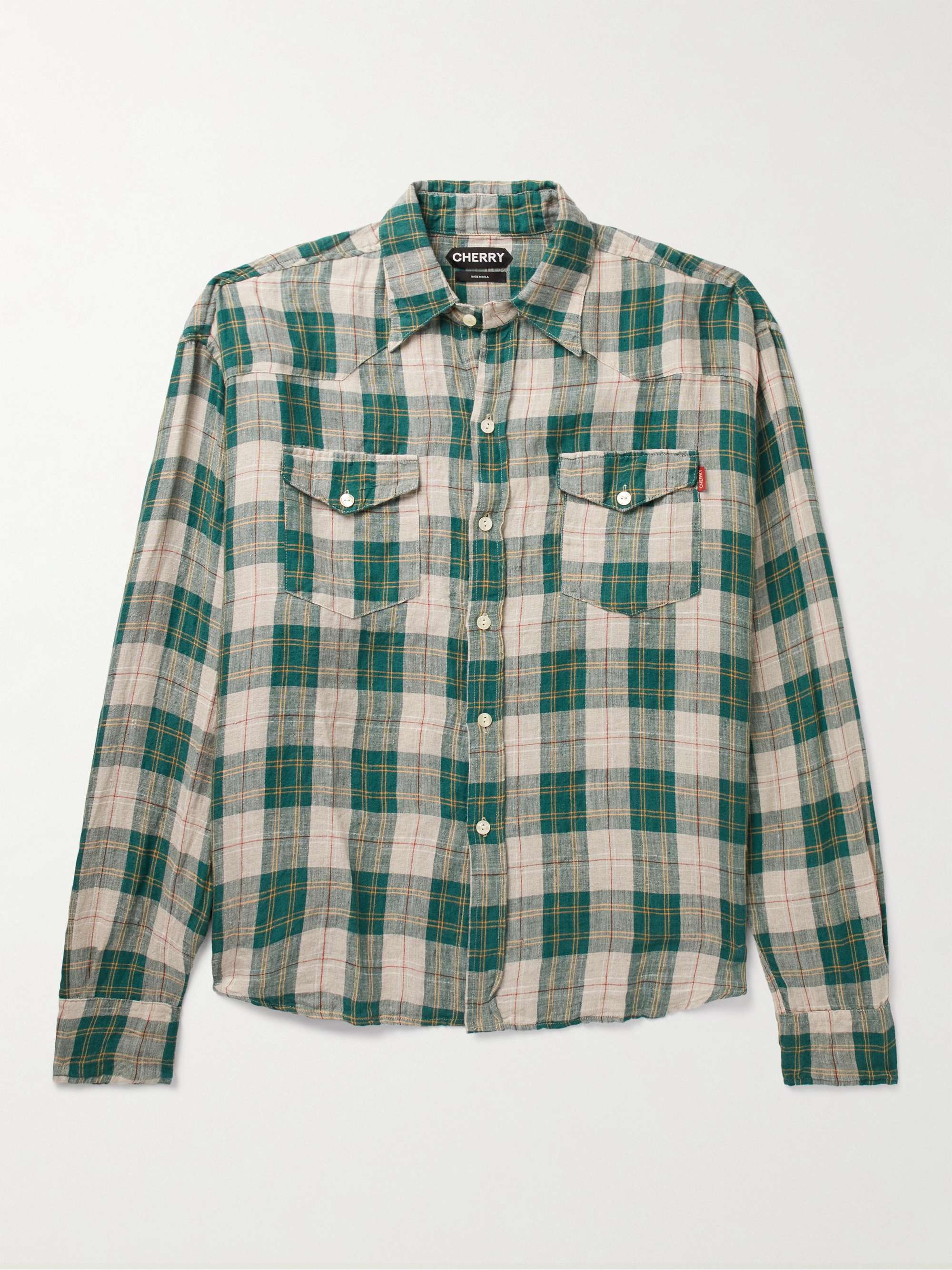 CHERRY LOS ANGELES Big Western Checked Stone-Washed Linen Shirt for Men ...