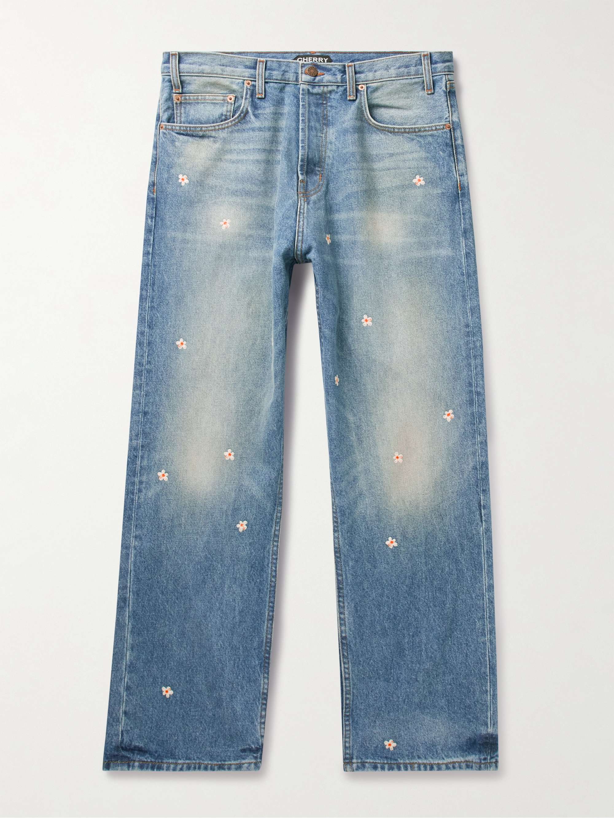 Embroidered Straight Leg Denim Pants