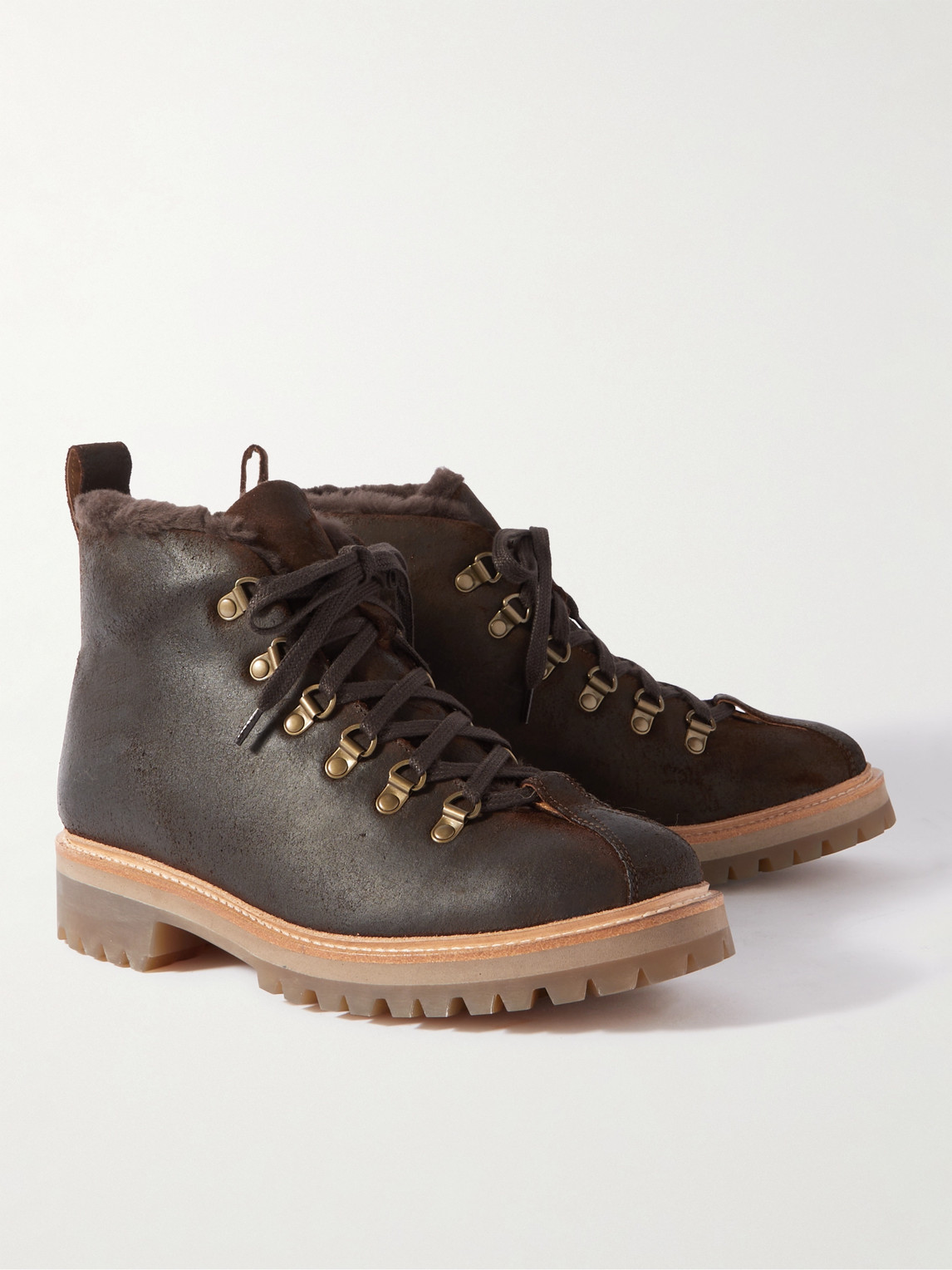 Shop Grenson Bobby Shearling-lined Waxed-leather Boots In Brown