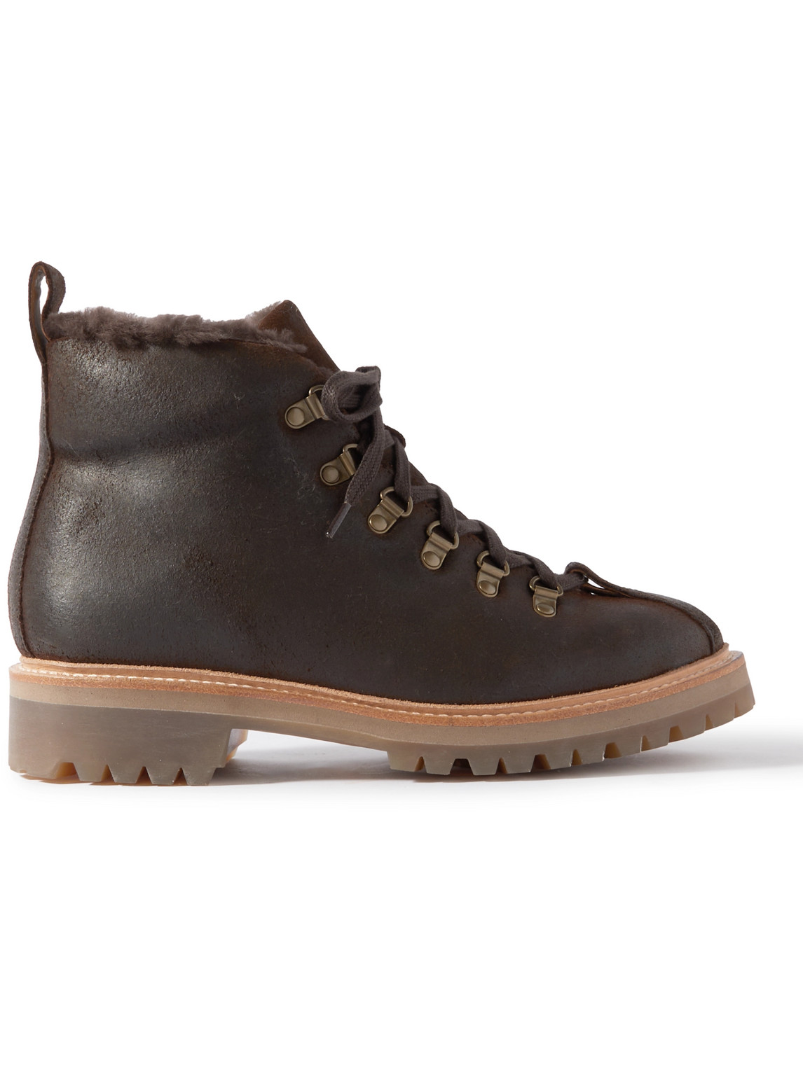 Grenson Bobby Shearling-lined Waxed-leather Boots In Brown