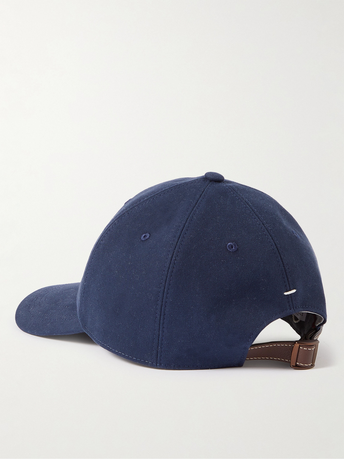 Shop Brunello Cucinelli Logo-embroidered Leather-trimmed Cotton-twill Baseball Cap In Blue