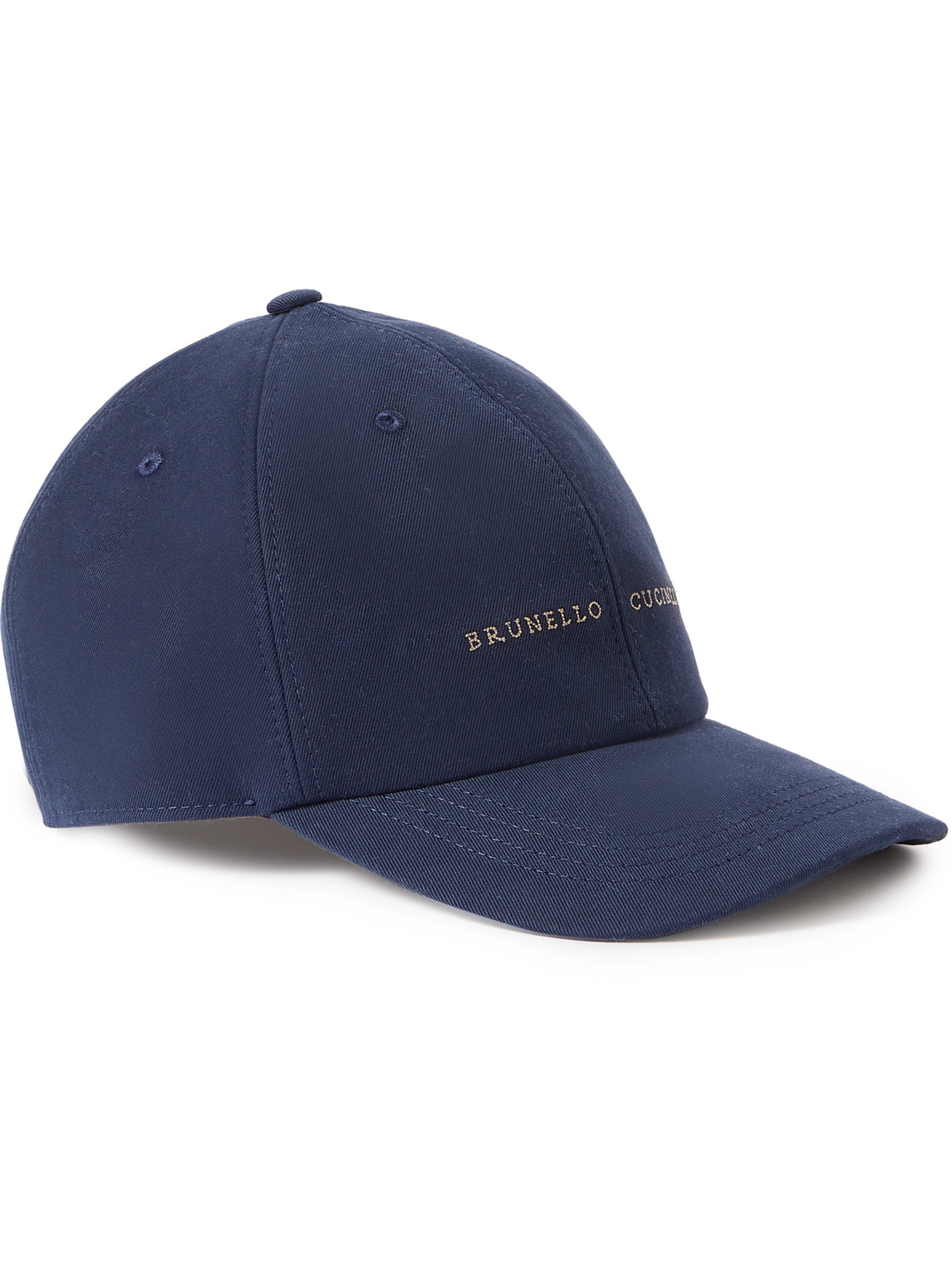 Brunello Cucinelli Logo-embroidered Leather-trimmed Cotton-twill Baseball Cap In Blue