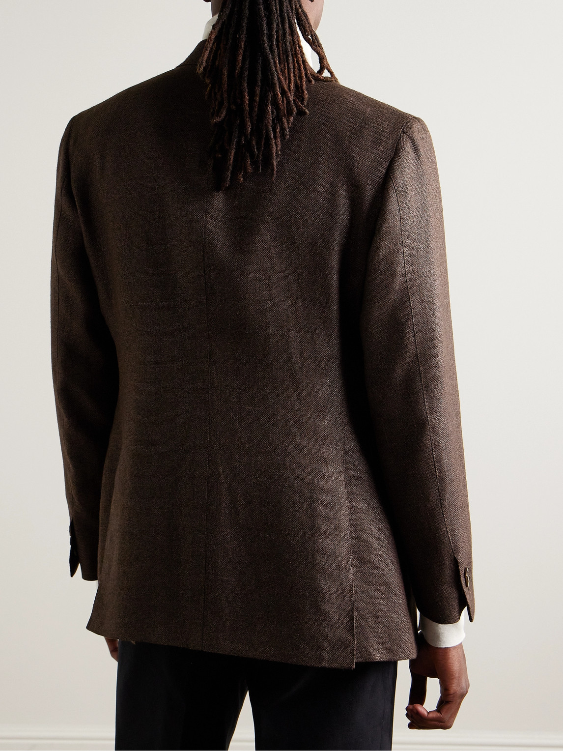 Shop Saman Amel Slim-fit Silk, Wool And Linen-blend Blazer In Brown