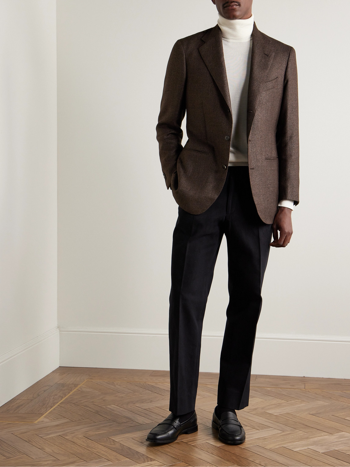 Shop Saman Amel Slim-fit Silk, Wool And Linen-blend Blazer In Brown