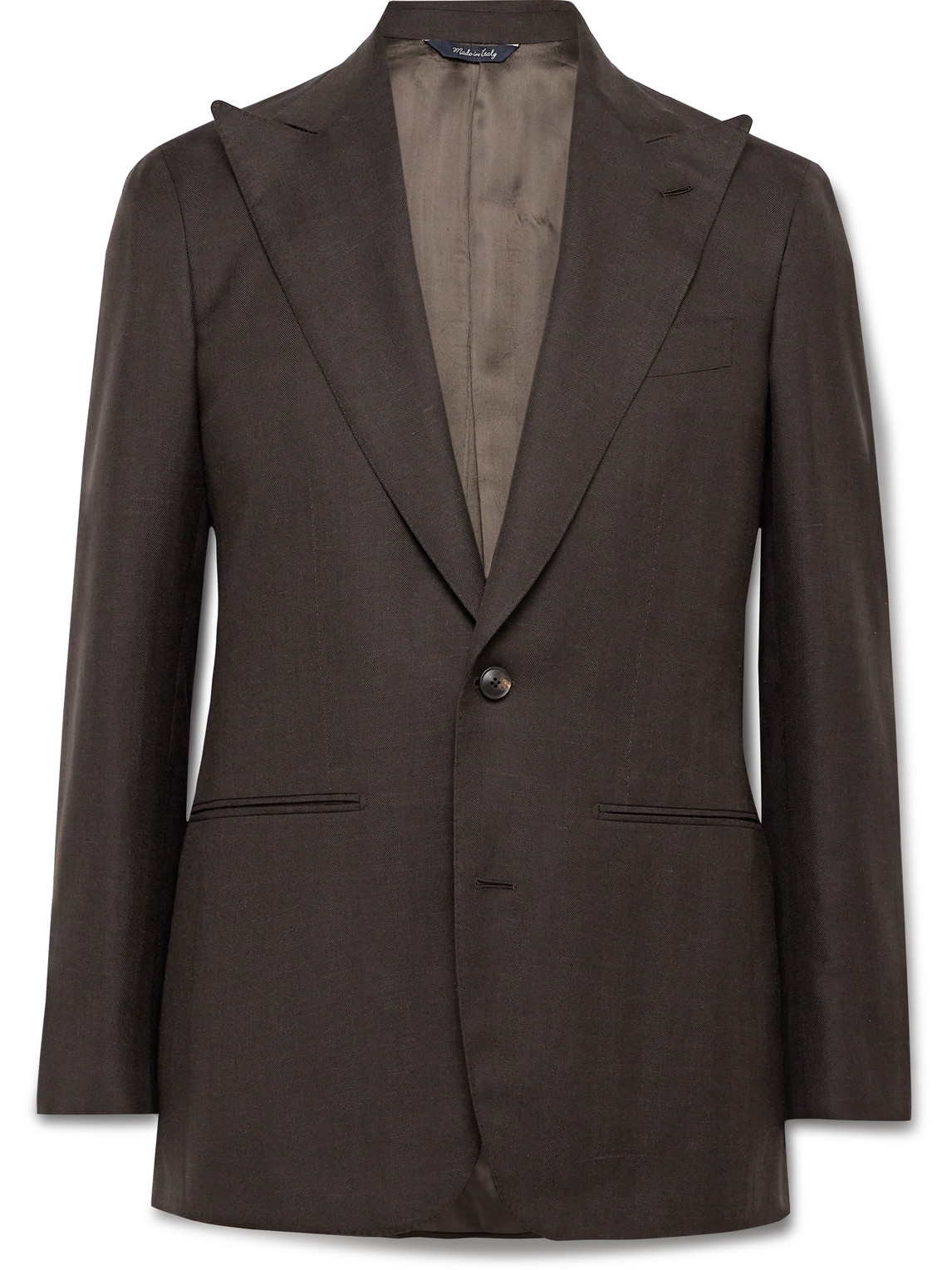 Saman Amel Slim-fit Herringbone Wool, Silk And Linen-blend Twill Suit Jacket In Brown