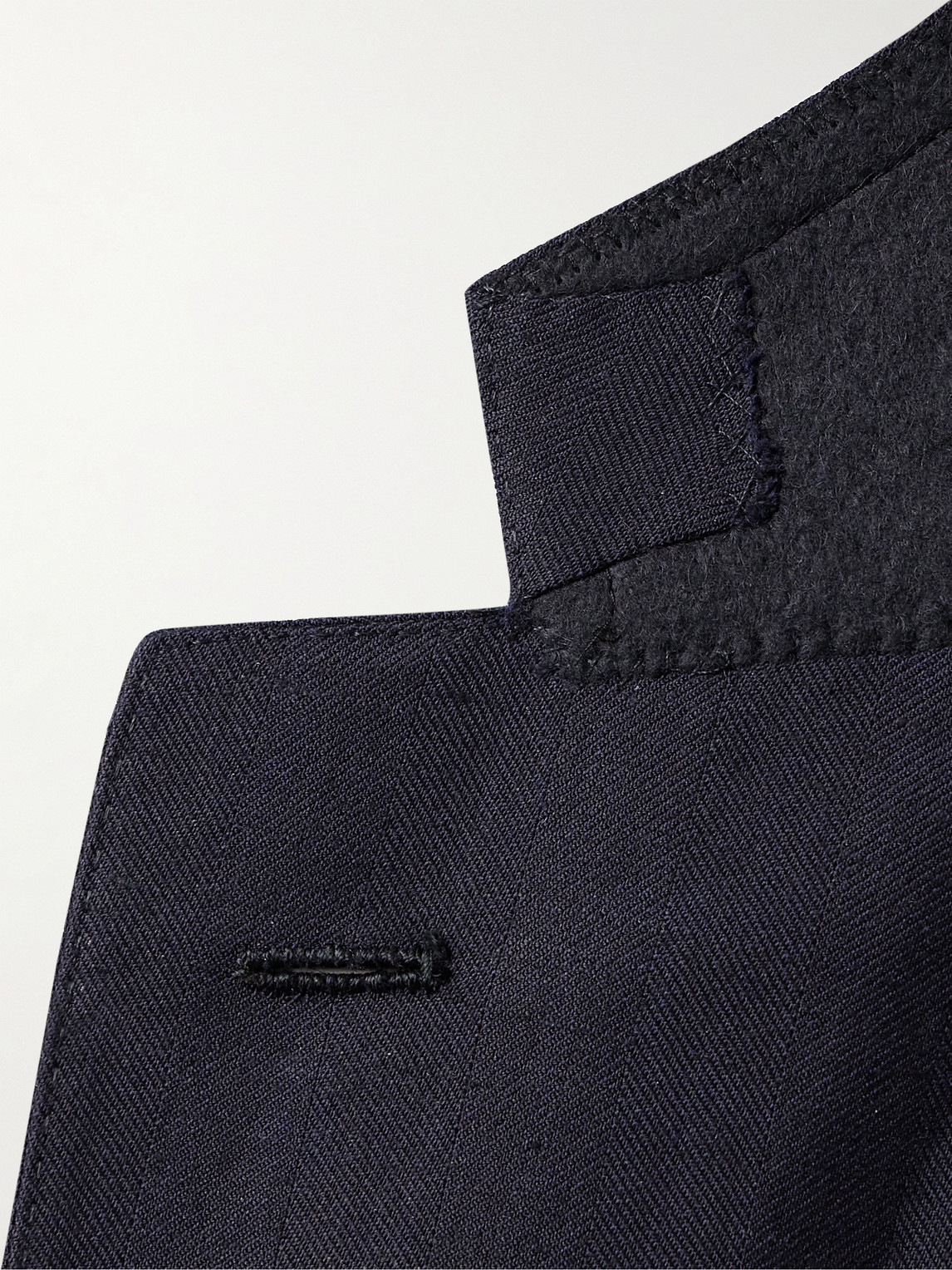 Shop Saman Amel Slim-fit Herringbone Wool, Silk And Linen-blend Twill Suit Jacket In Blue