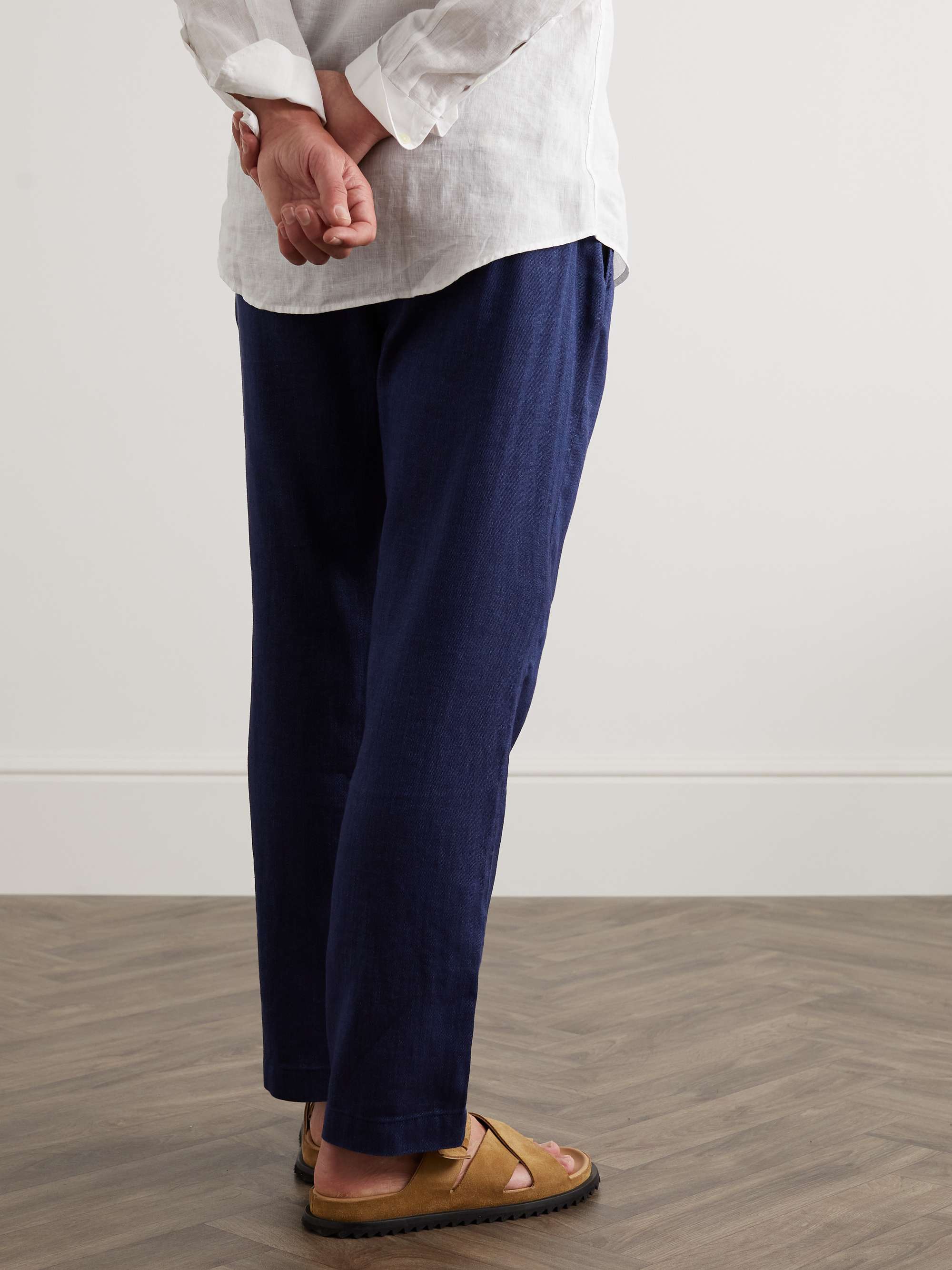 FRESCOBOL CARIOCA Navy Linen and Cotton-Blend Drawstring Trousers