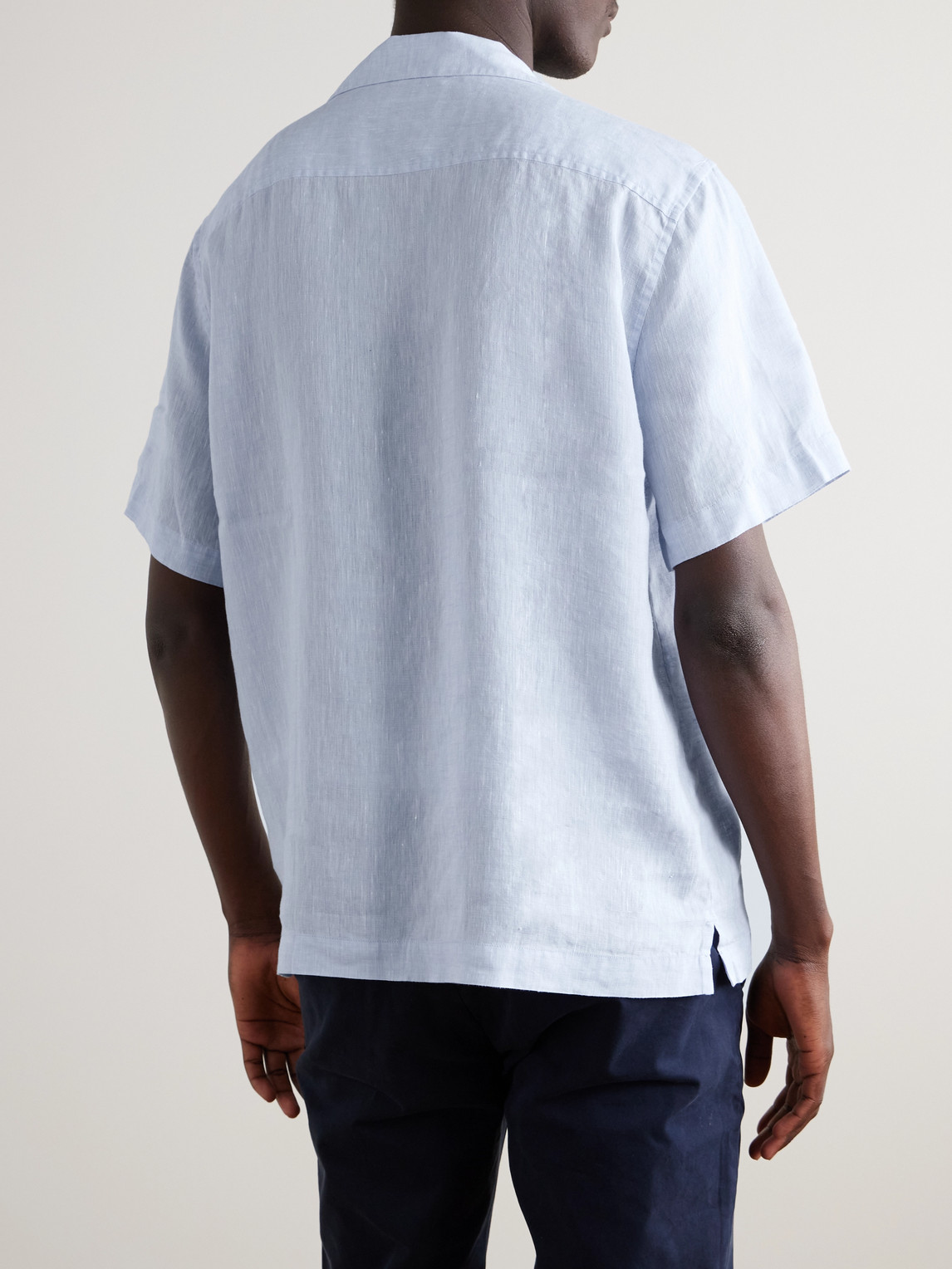 Frescobol Carioca Cuban-collar Short-sleeved Linen Shirt In Blue
