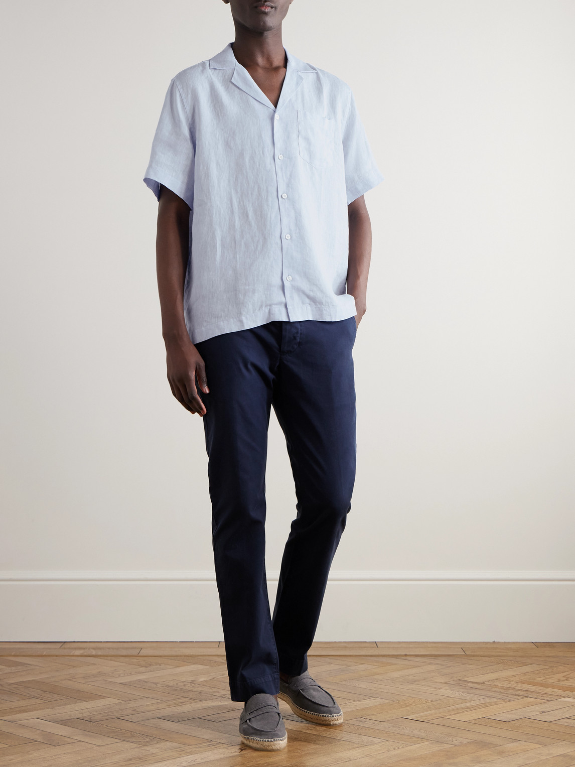 Frescobol Carioca Cuban-collar Short-sleeved Linen Shirt In Blue