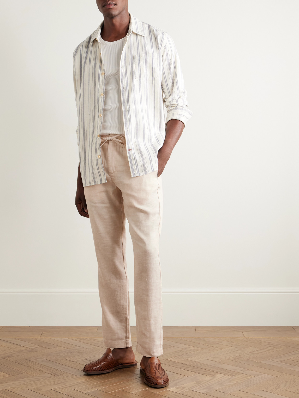 Shop Frescobol Carioca Oscar Straight-leg Linen And Cotton-blend Drawstring Trousers In Neutrals