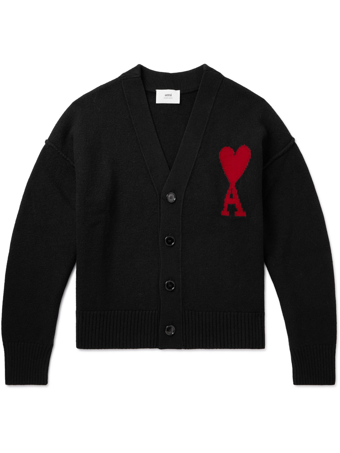 Ami Alexandre Mattiussi Logo-intarsia Merino Wool Cardigan In Black