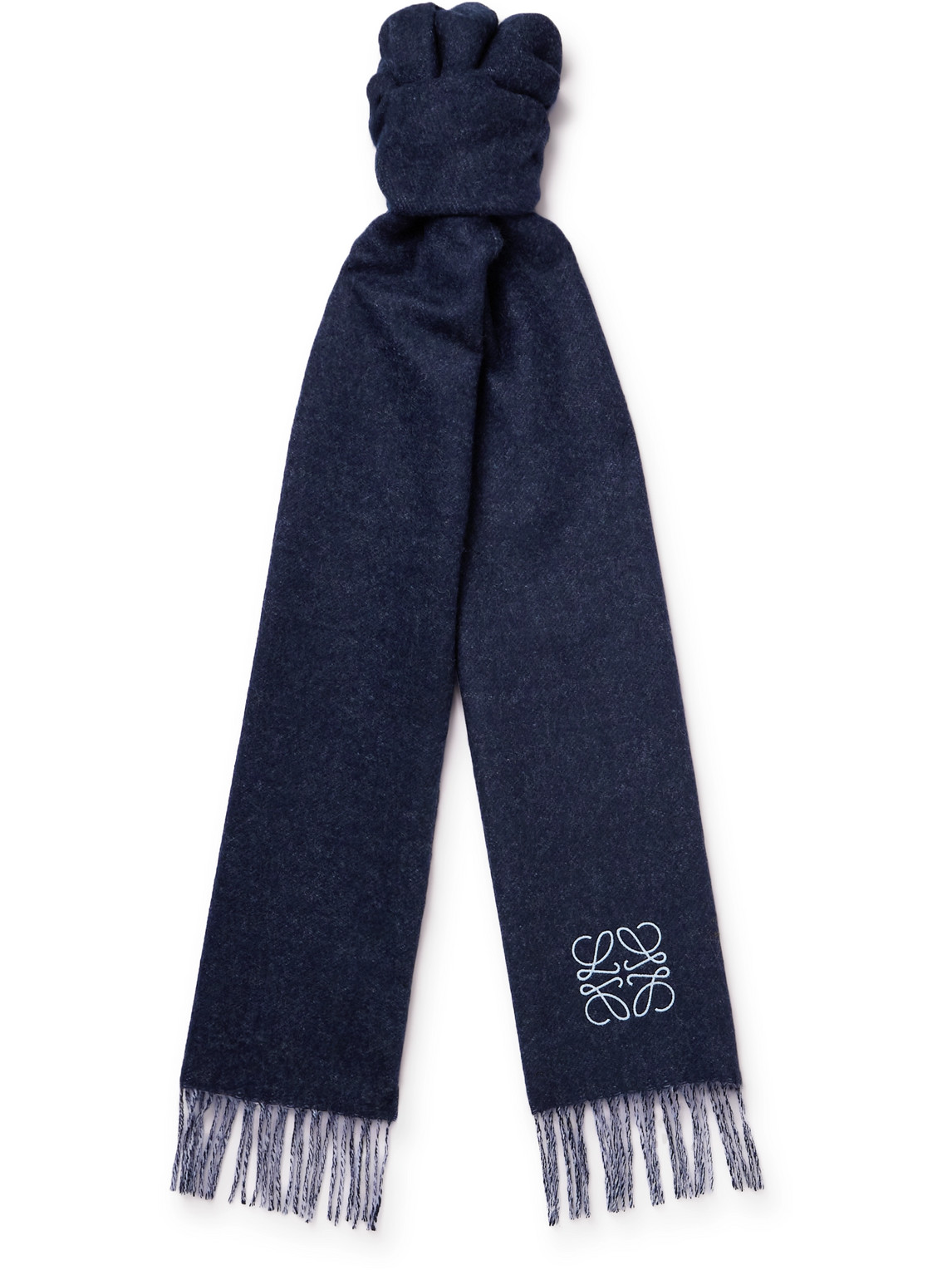 Loewe Fringed Logo-embroidered Two-tone Wool And Cashmere-blend Scarf In Light Blue/navy Blue