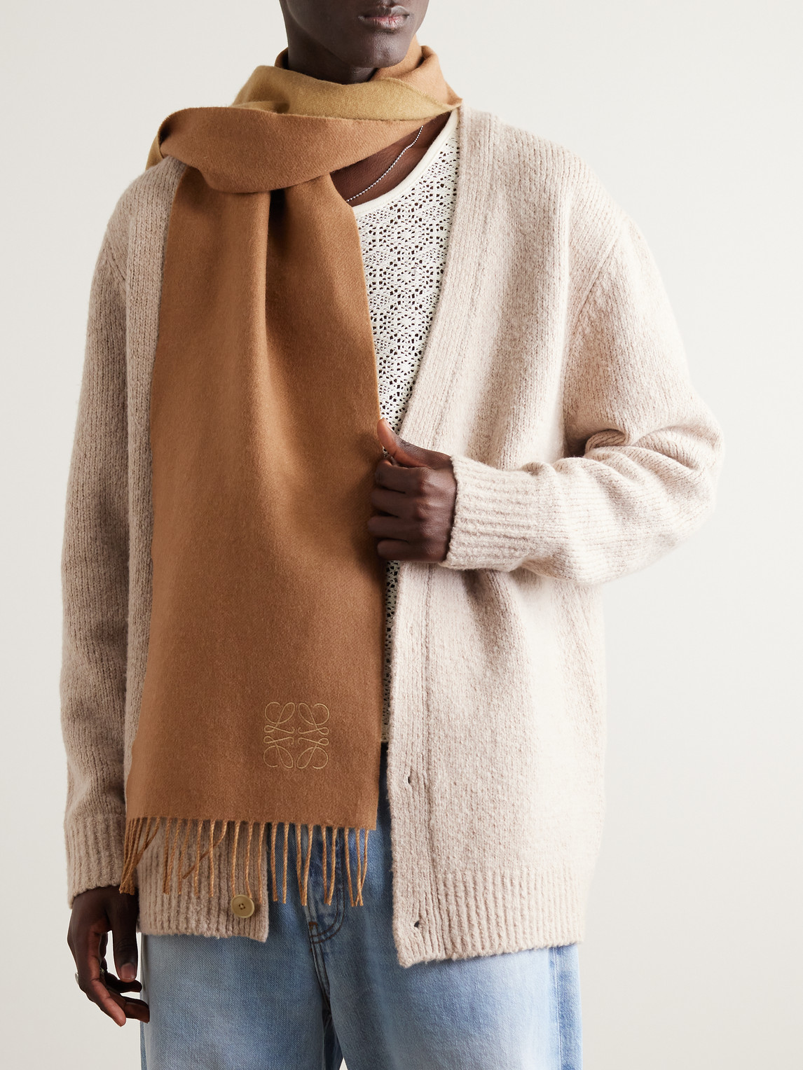 Shop Loewe Fringed Logo-embroidered Two-tone Wool And Cashmere-blend Scarf In Neutrals