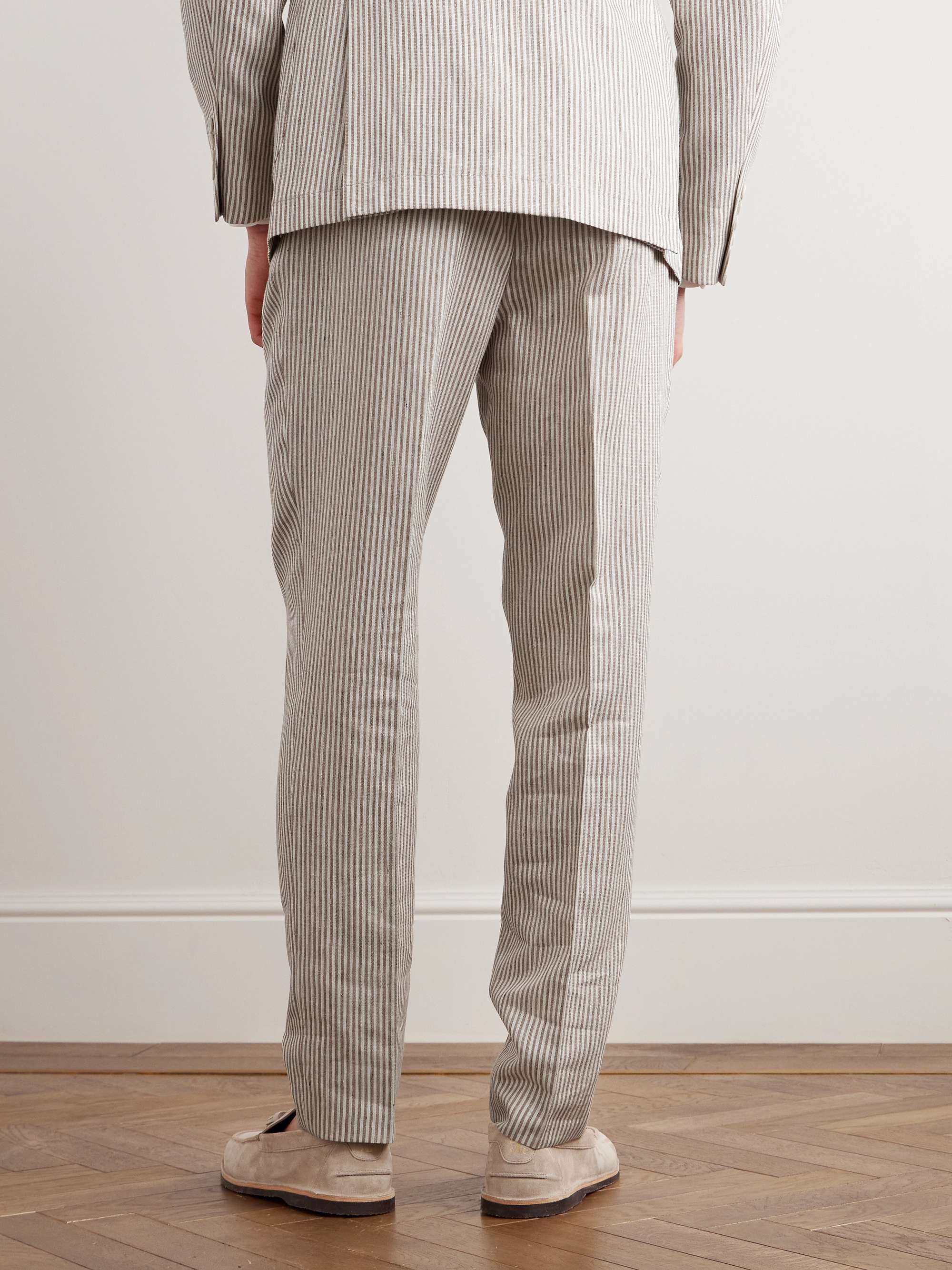 BRUNELLO CUCINELLI Straight-Leg Pleated Striped Linen and Wool-Blend Trousers
