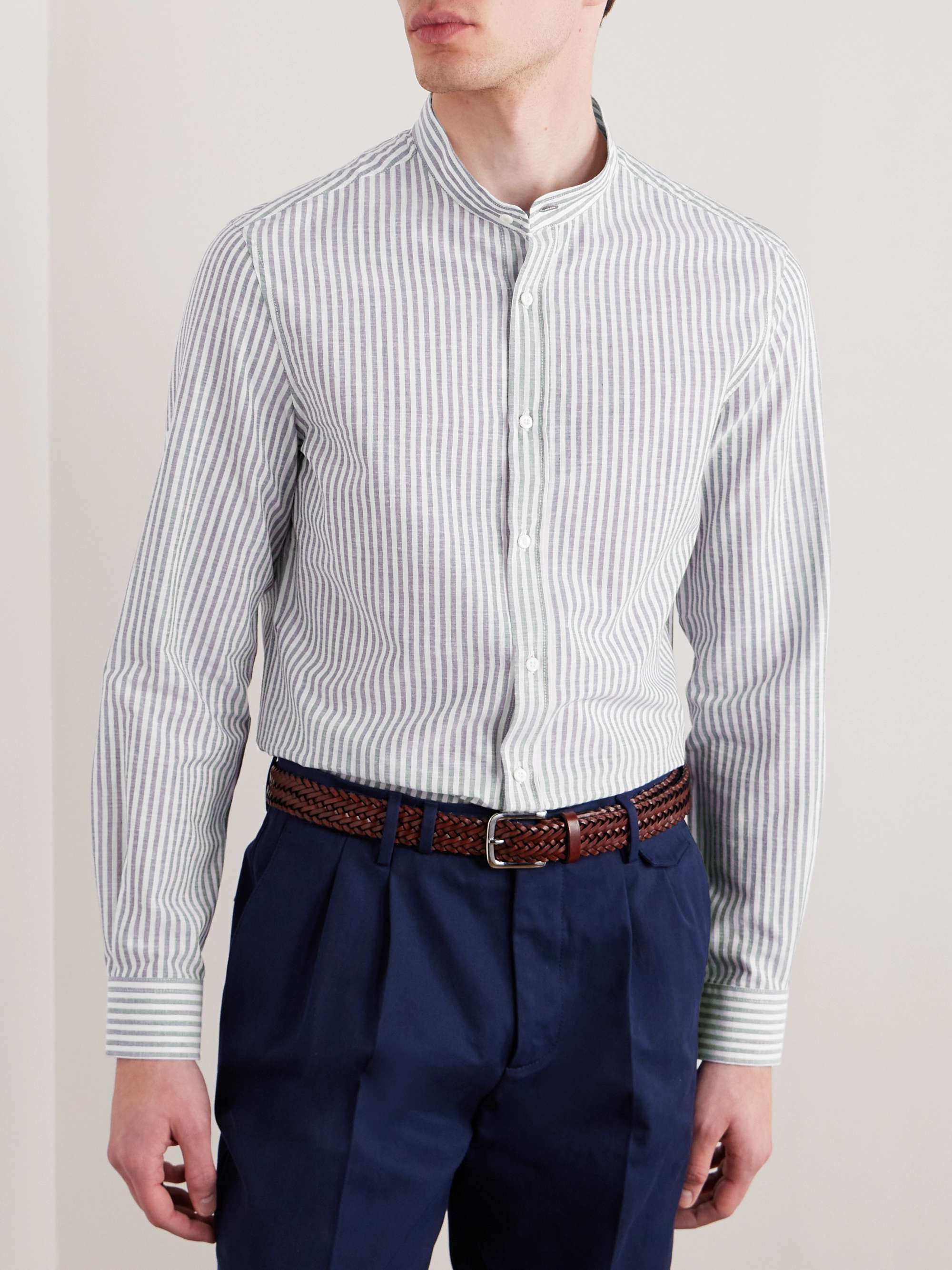BRUNELLO CUCINELLI Grandad-Collar Striped Linen Shirt