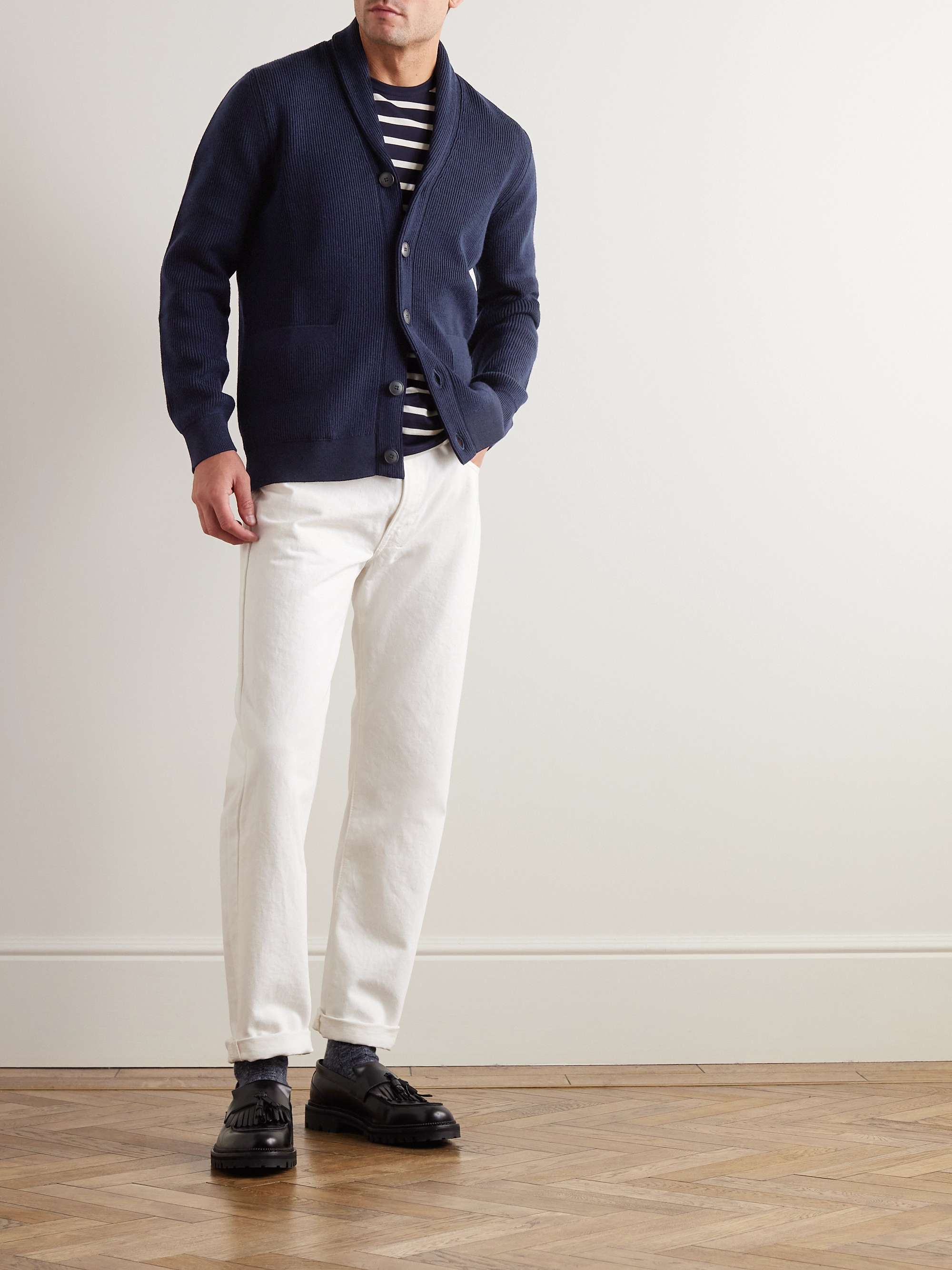 SUNSPEL Shawl Collar Ribbed Merino Wool and Cotton Blend Cardigan