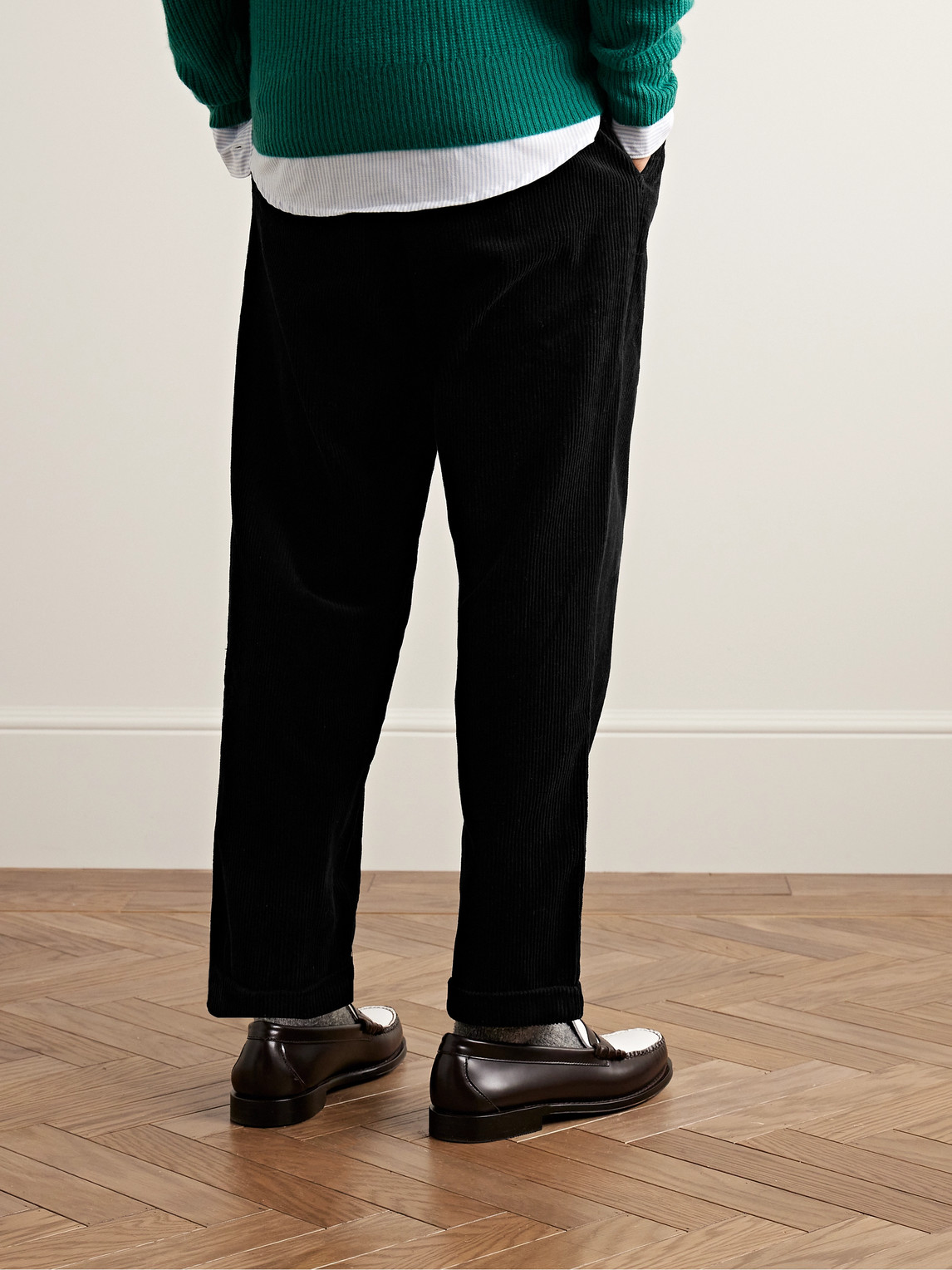 Shop Alex Mill Tapered Pleated Cotton-corduroy Trousers In Black