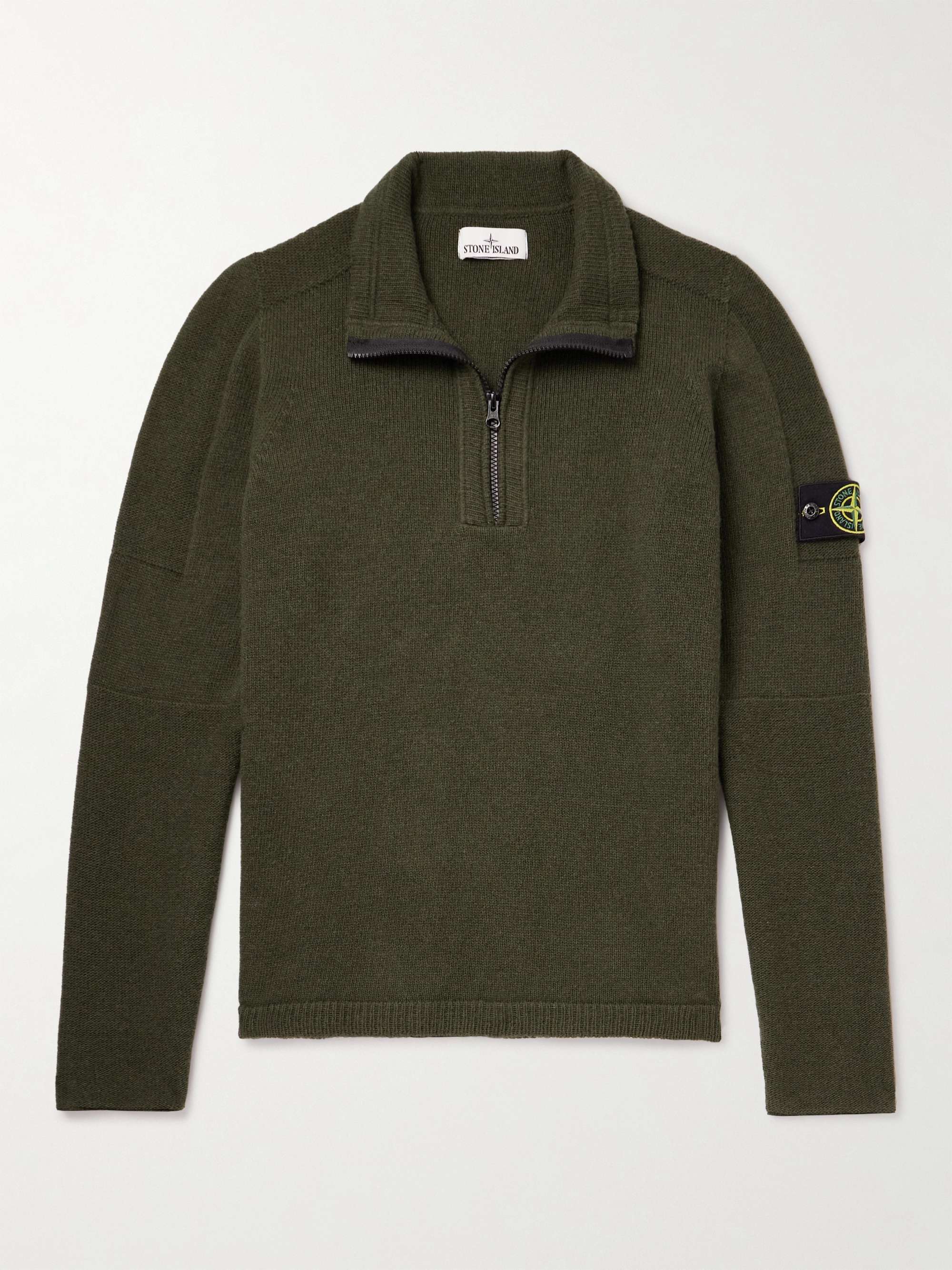 STONE ISLAND Logo-Appliqued Wool-Blend Half-Zip Sweater,Green