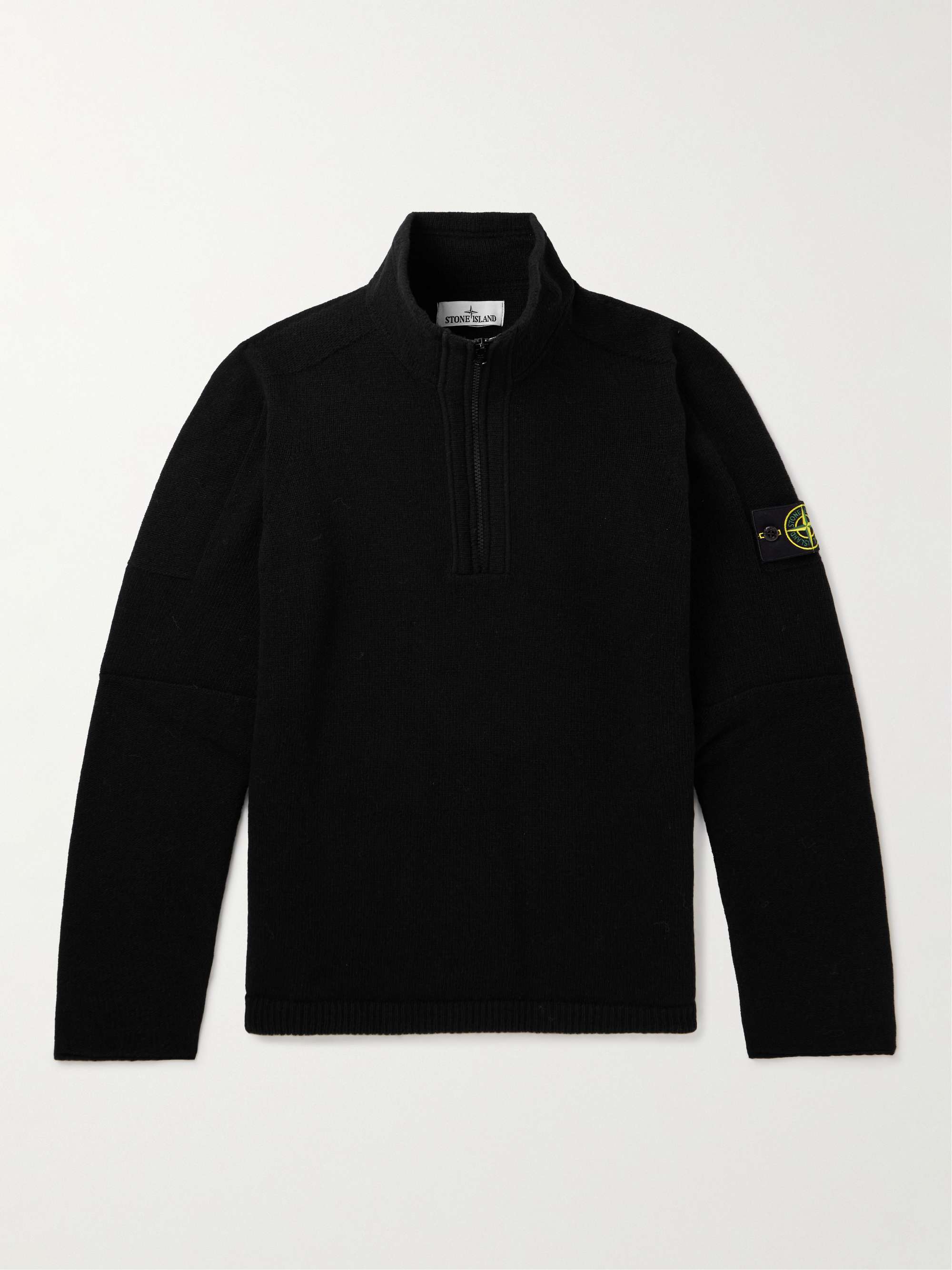 STONE ISLAND Logo-Appliqued Wool-Blend Half-Zip Sweater,Black