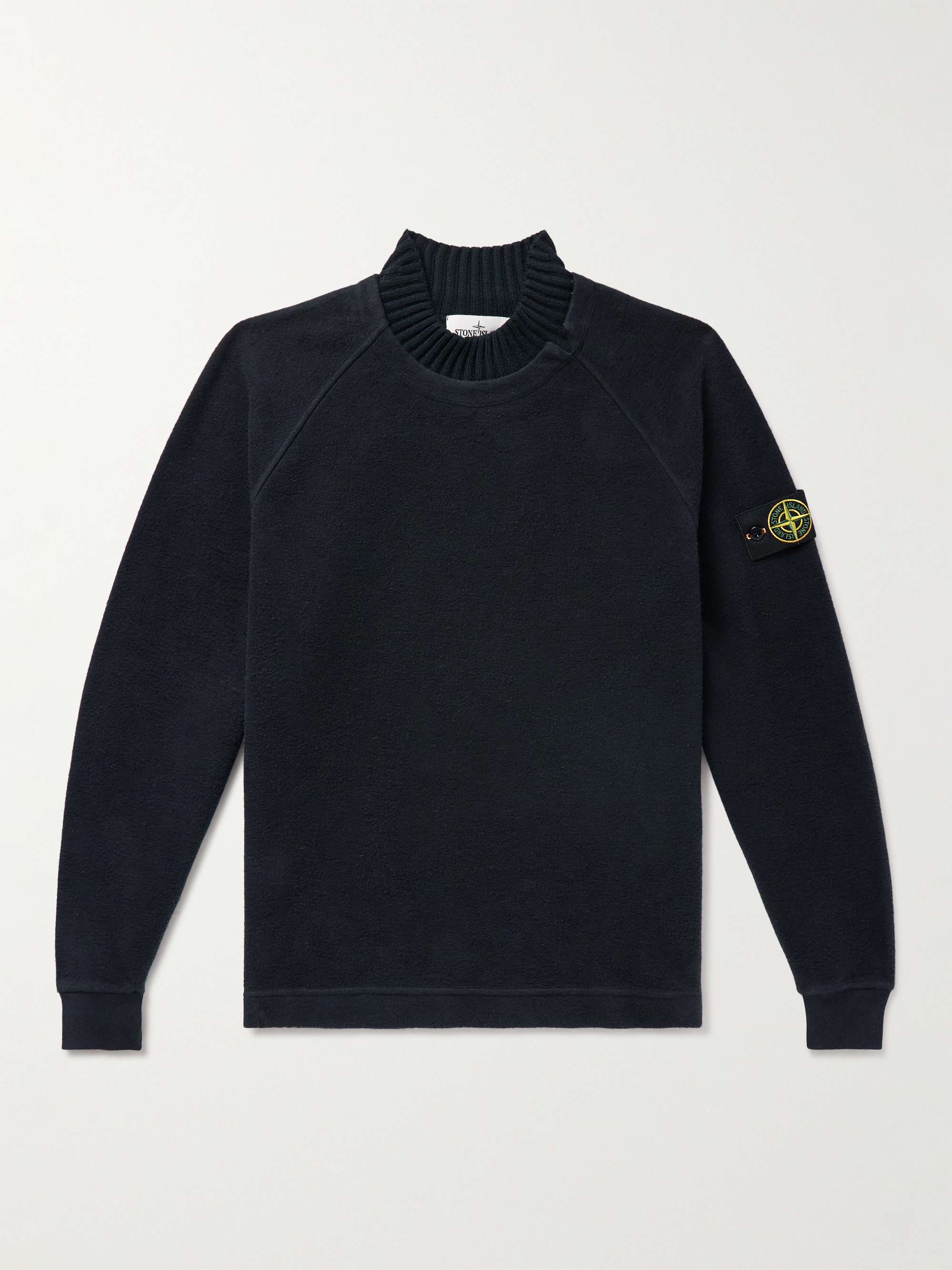 STONE ISLAND Wool-Trimmed Logo-Appliquéd Cotton-Blend Fleece Sweatshirt ...