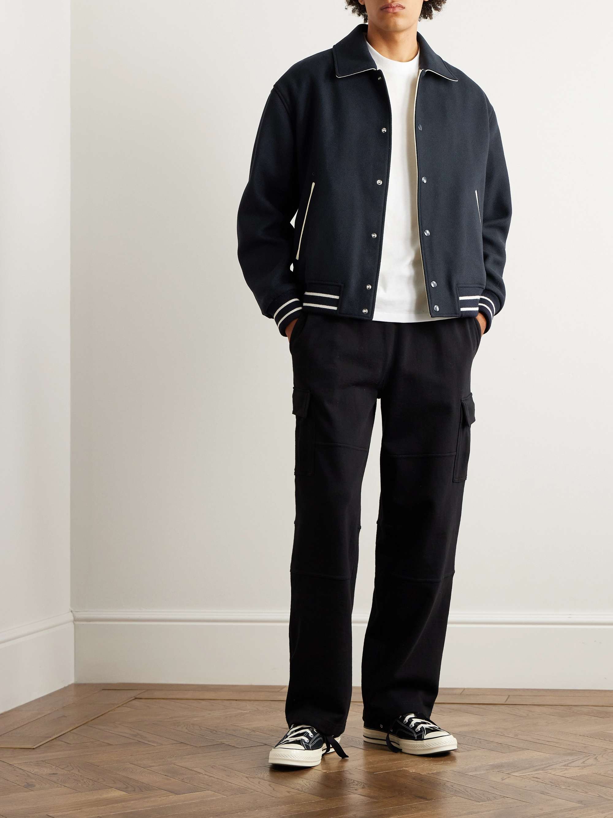 FRAME Striped Leather-Trimmed Wool-Blend Varsity Jacket for Men | MR PORTER