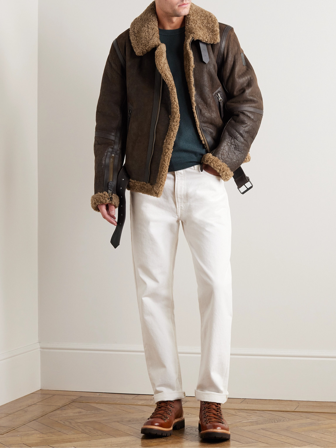 BELSTAFF WILDER SHEARLING-TRIMMED LEATHER AVIATOR JACKET