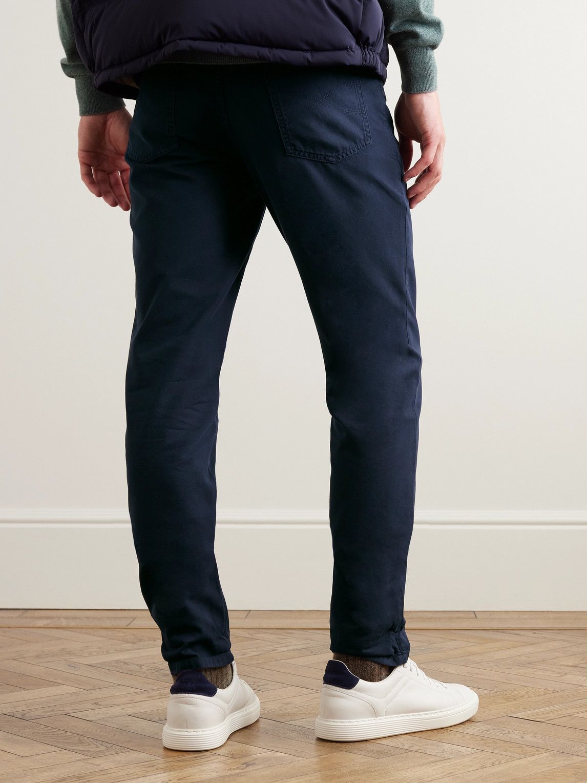 Shop Brunello Cucinelli Straight-leg Logo-embroidered Cotton-gabardine Trousers In Blue