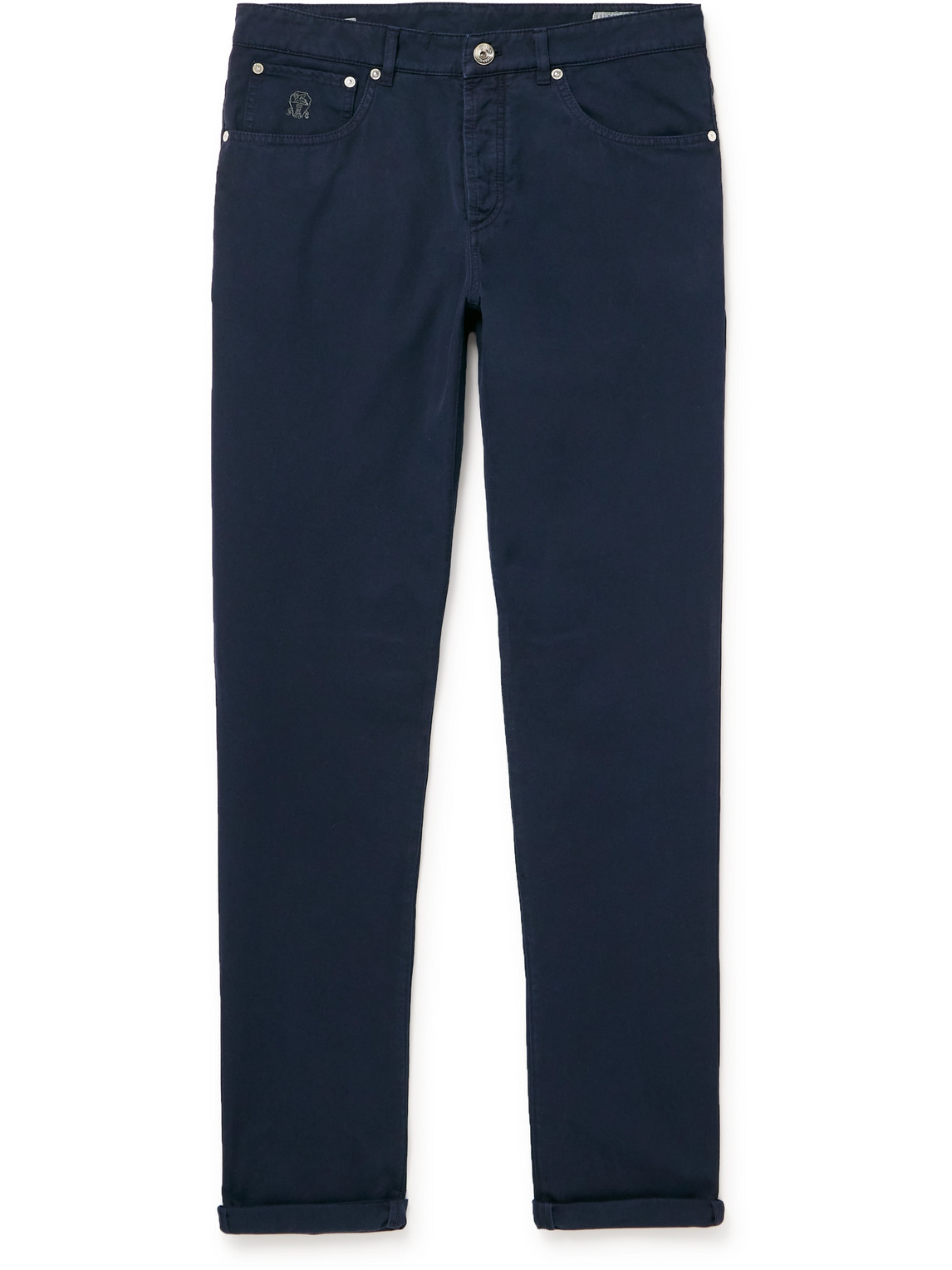 Brunello Cucinelli Straight-leg Logo-embroidered Cotton-gabardine Trousers In Blue