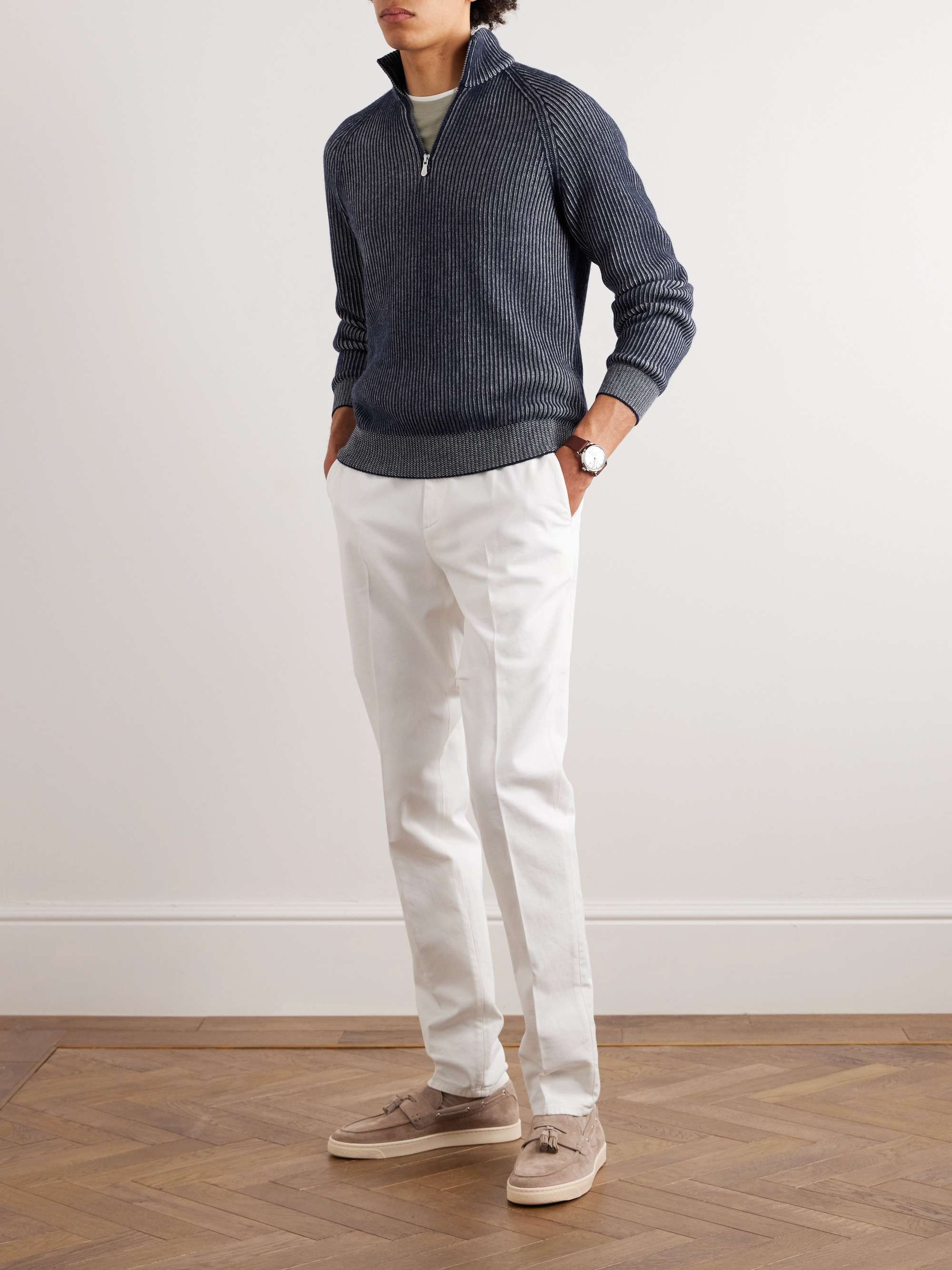 BRUNELLO CUCINELLI Striped Ribbed Cashmere Half-Zip Sweater for Men ...