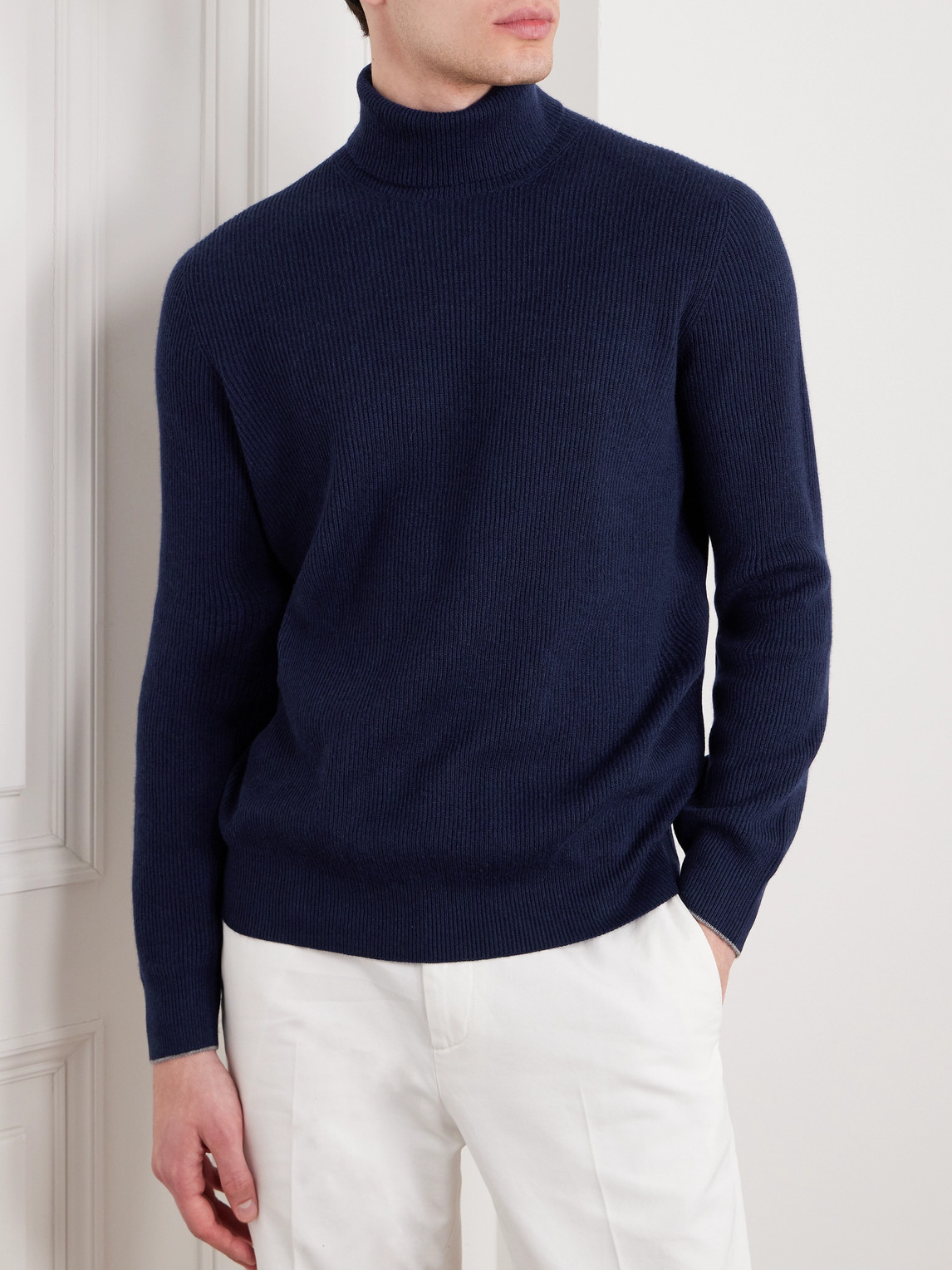 Shop Brunello Cucinelli Ribbed Cashmere Rollneck Sweater In Blue