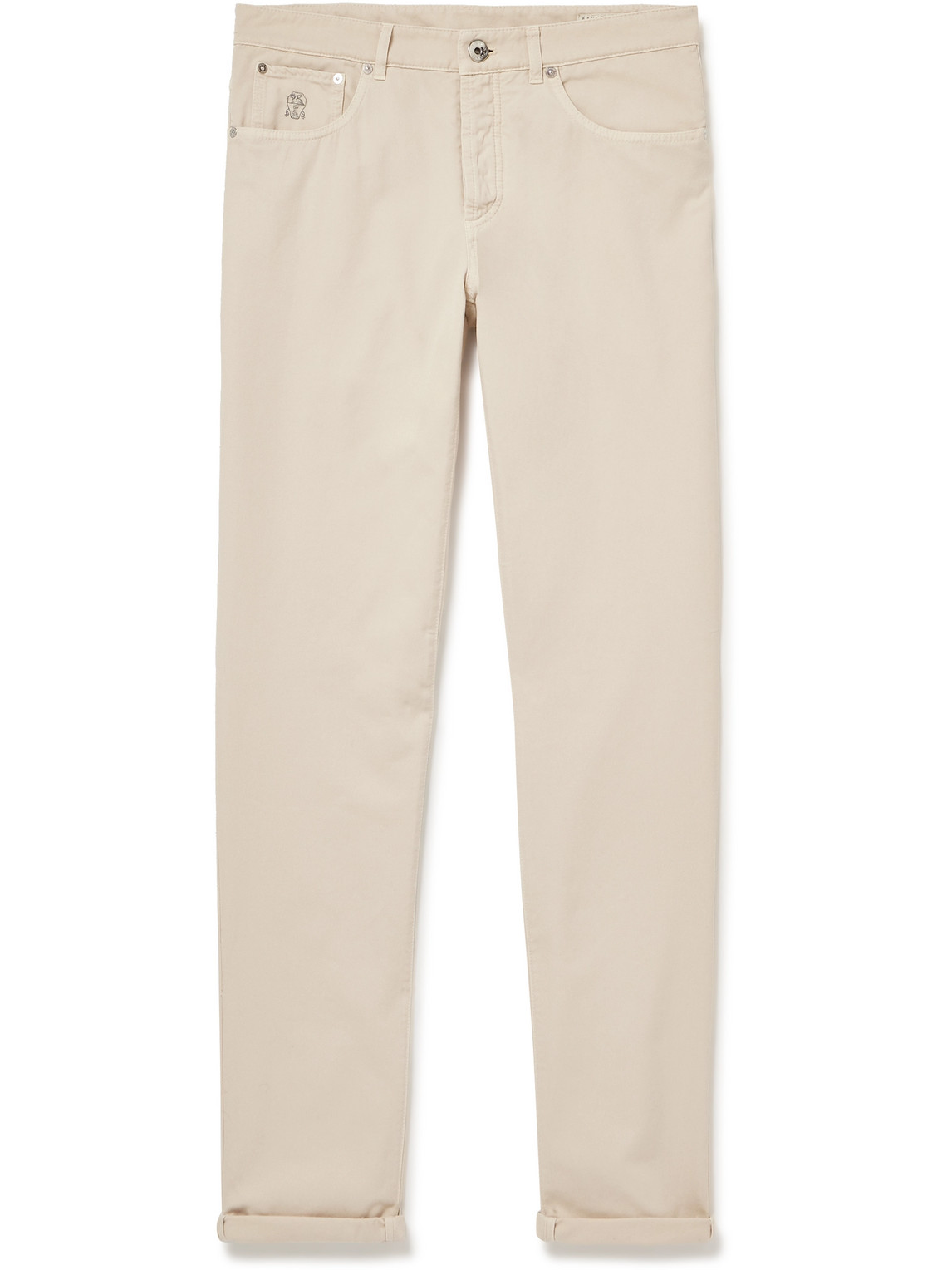 Brunello Cucinelli Straight-leg Logo-embroidered Cotton-gabardine Trousers In Neutrals