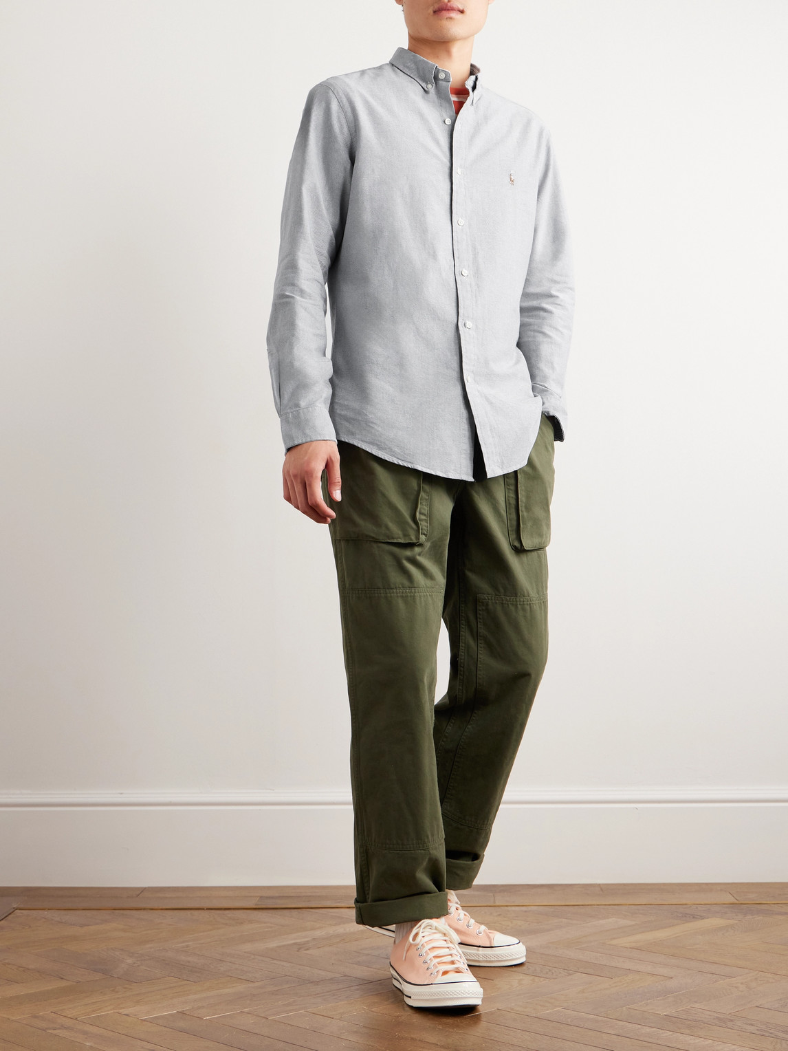 Shop Polo Ralph Lauren Slim-fit Button-down Collar Cotton Oxford Shirt In Gray