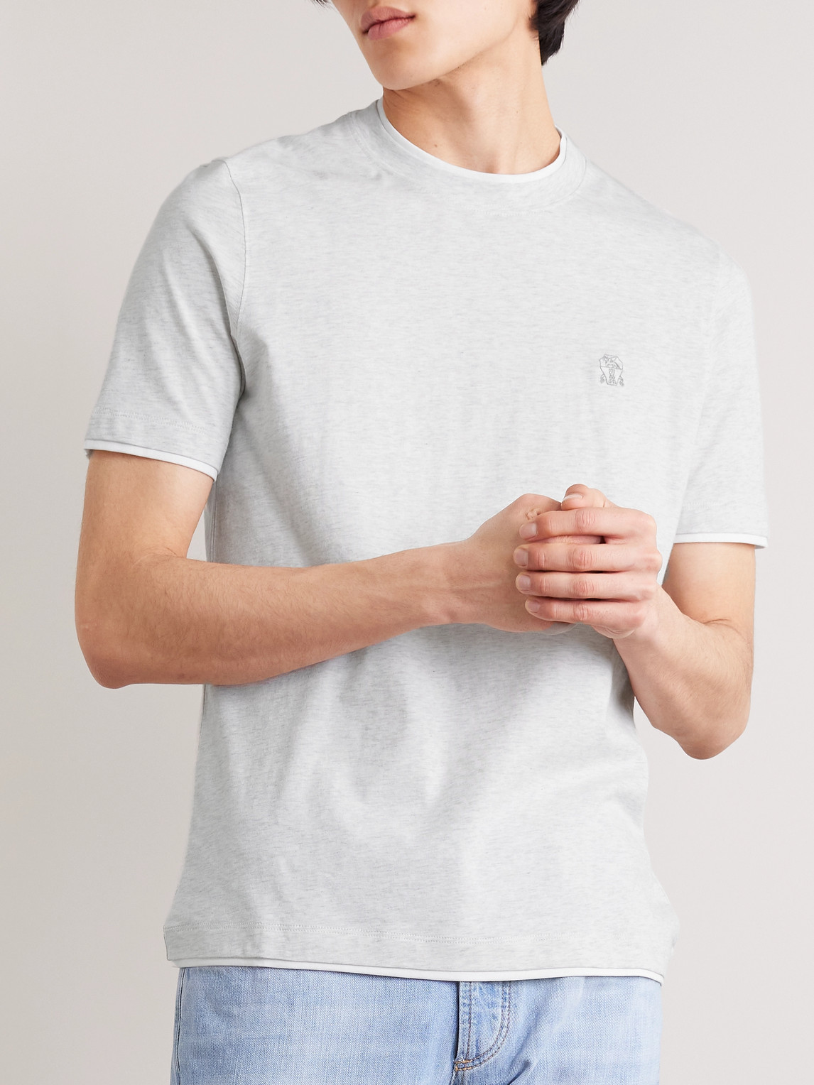 Shop Brunello Cucinelli Slim-fit Layered Logo-embroidered Cotton-jersey T-shirt In White