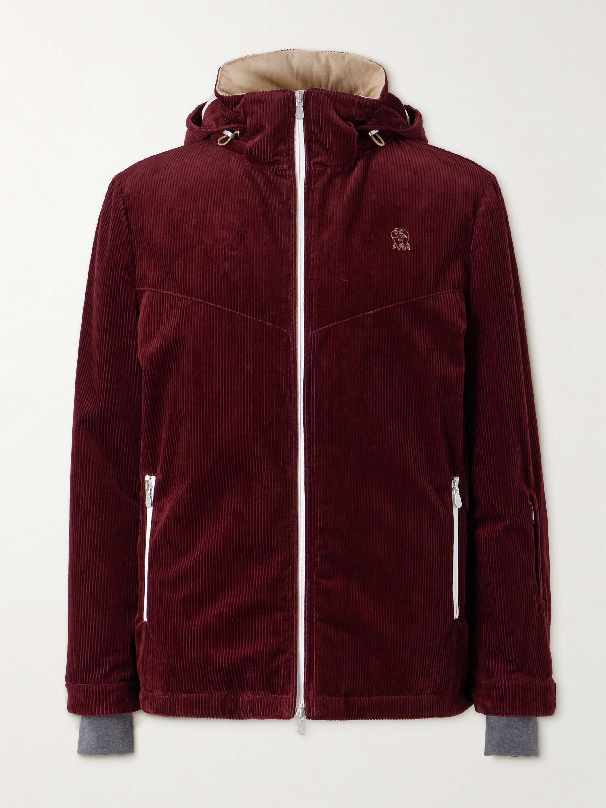 Logo Embroidered Padded Cotton Corduroy Hooded Ski Jacket