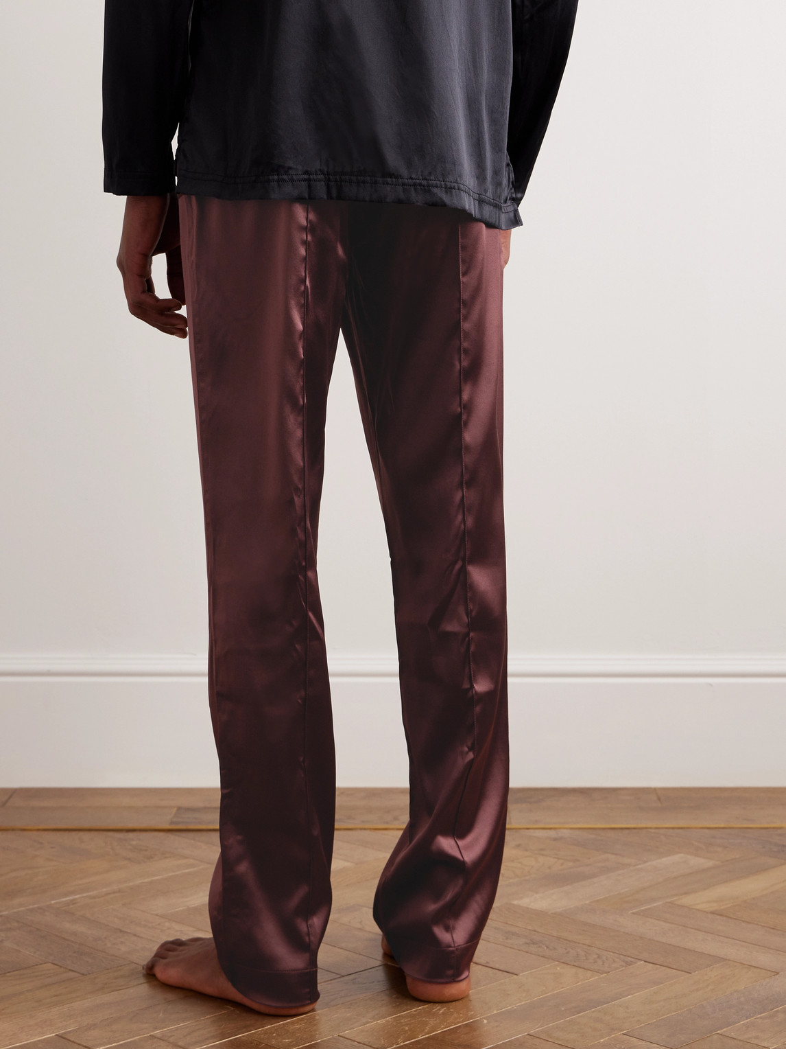 Shop Tom Ford Velvet-trimmed Stretch-silk Satin Pyjama Trousers In Burgundy