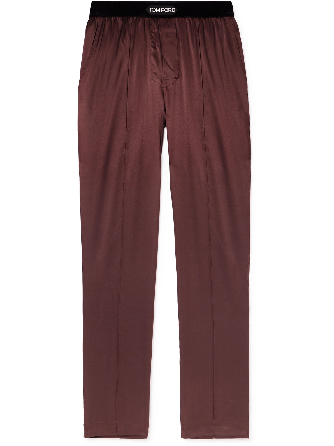Tom Ford Velvet-trimmed Stretch-silk Satin Pyjama Trousers In Burgundy