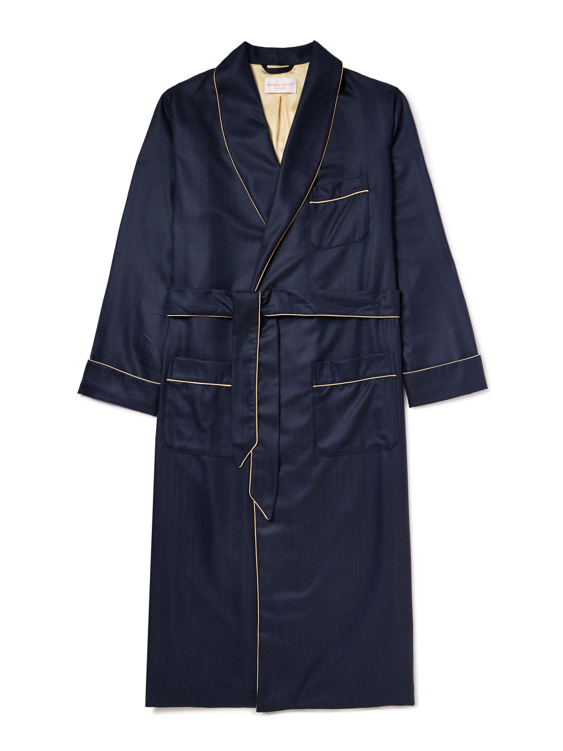 Derek Rose Duke Silk-trimmed Herringbone Cashmere Robe In Blue
