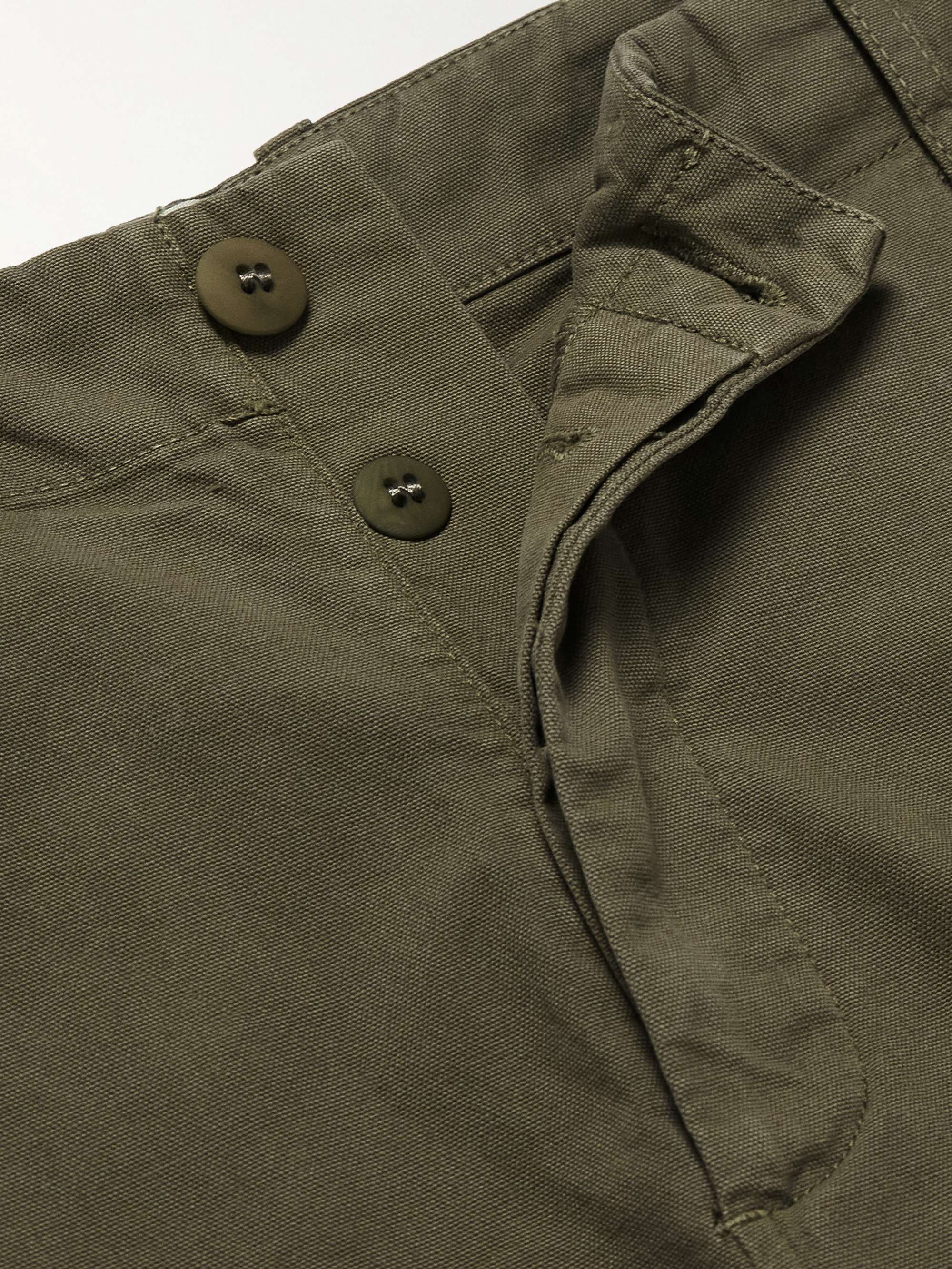 FOLK Navy Assembly Tapered Pleated Cotton-Canvas Trousers