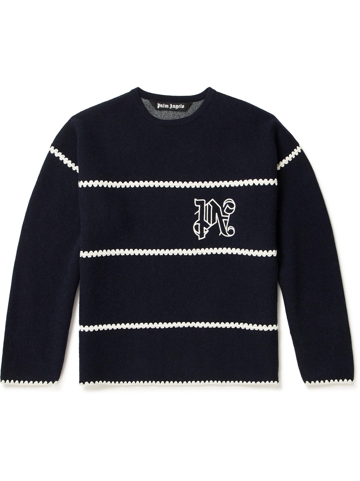 Palm Angels Navy And White Knit Sweater With Paint Monogram Stripes In Black