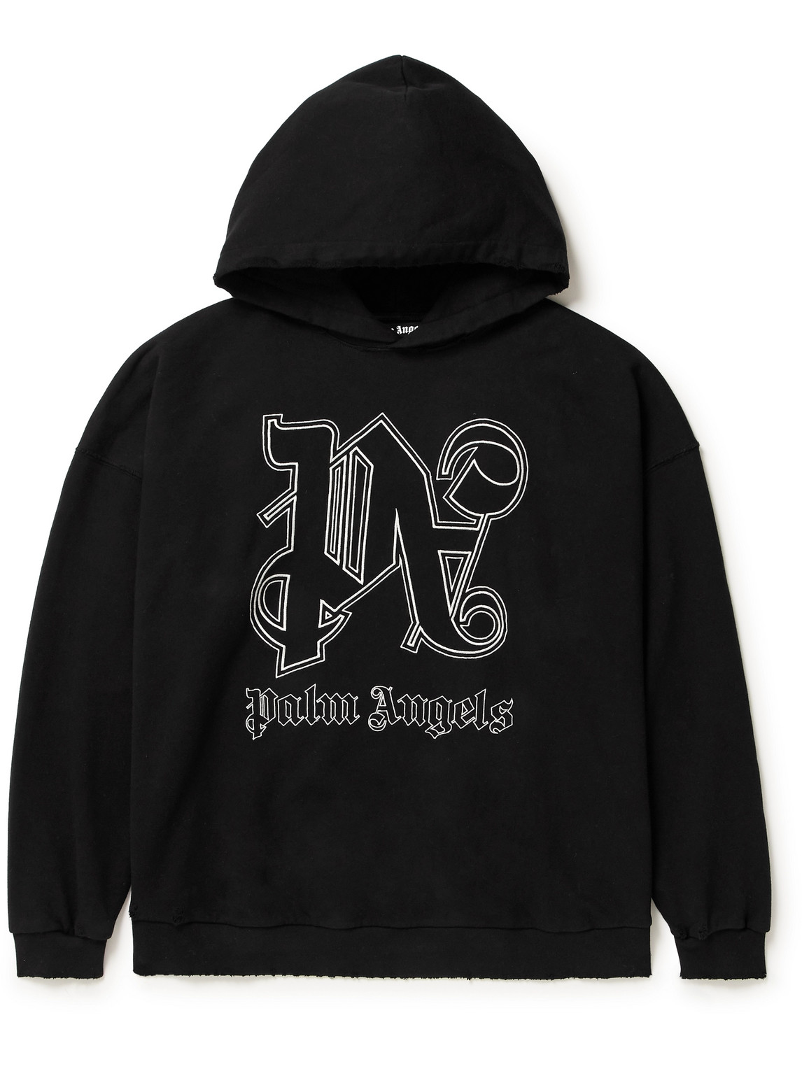 Palm Angels Logo-embroidered Distressed Cotton-jersey Hoodie In Black