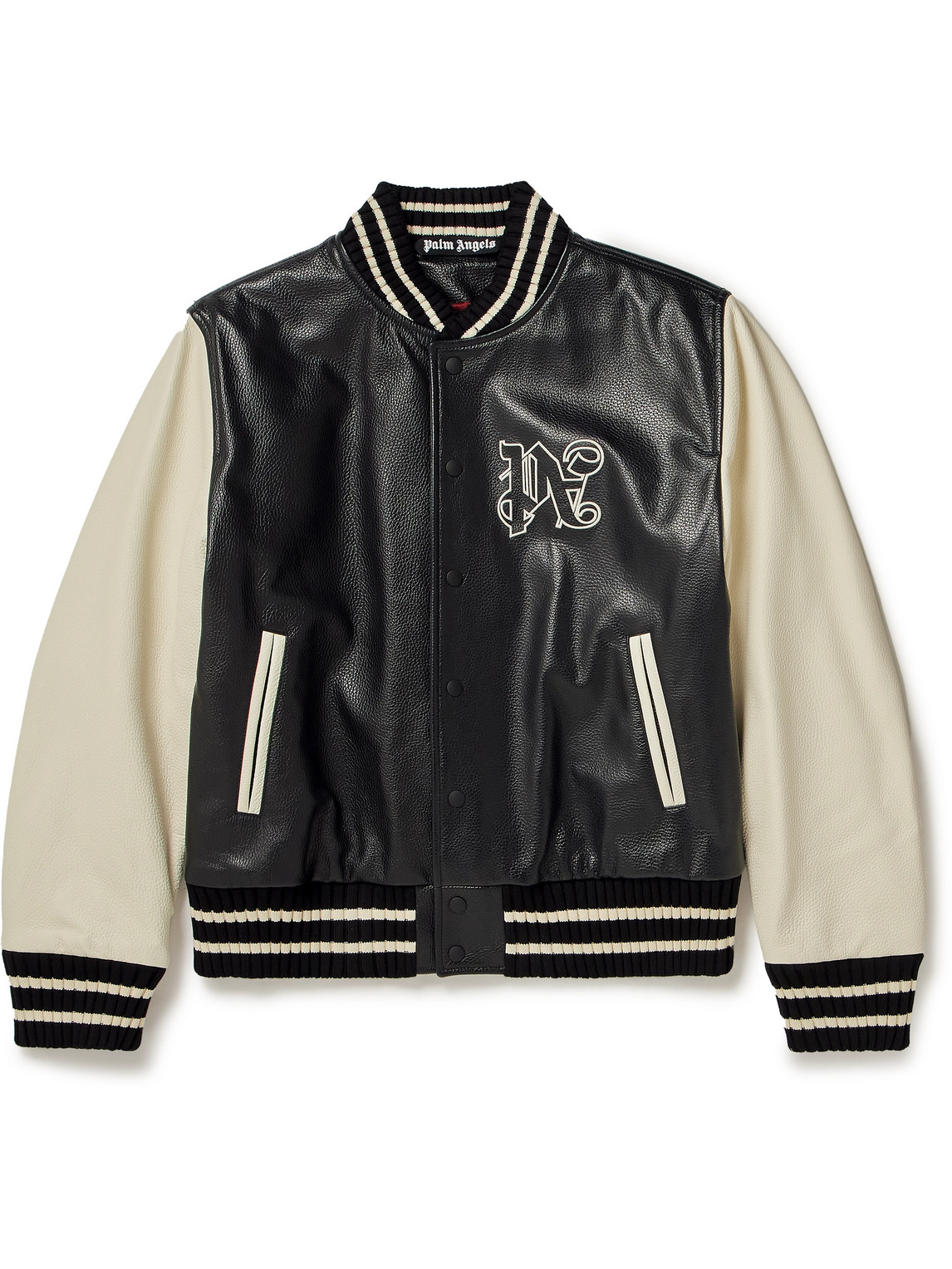 Palm Angels Appliquéd Leather Varsity Jacket In Black