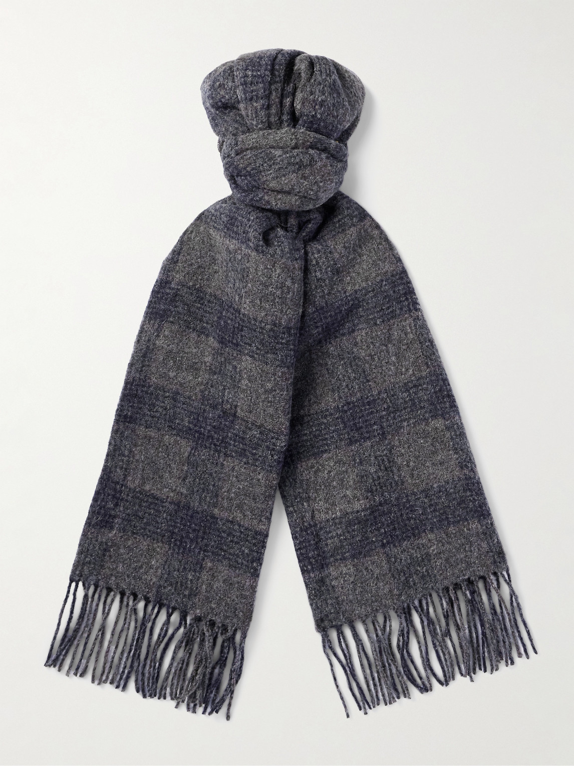 Brunello Cucinelli Fringed Checked Knitted Scarf In Blue