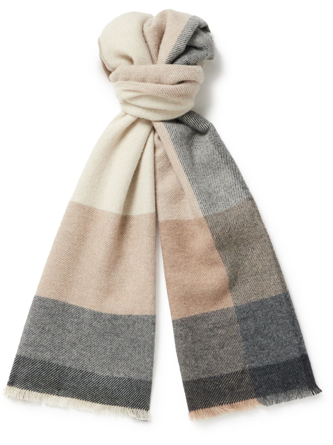 Shop Brunello Cucinelli Fringed Checked Wool And Cashmere-blend Scarf In Gray
