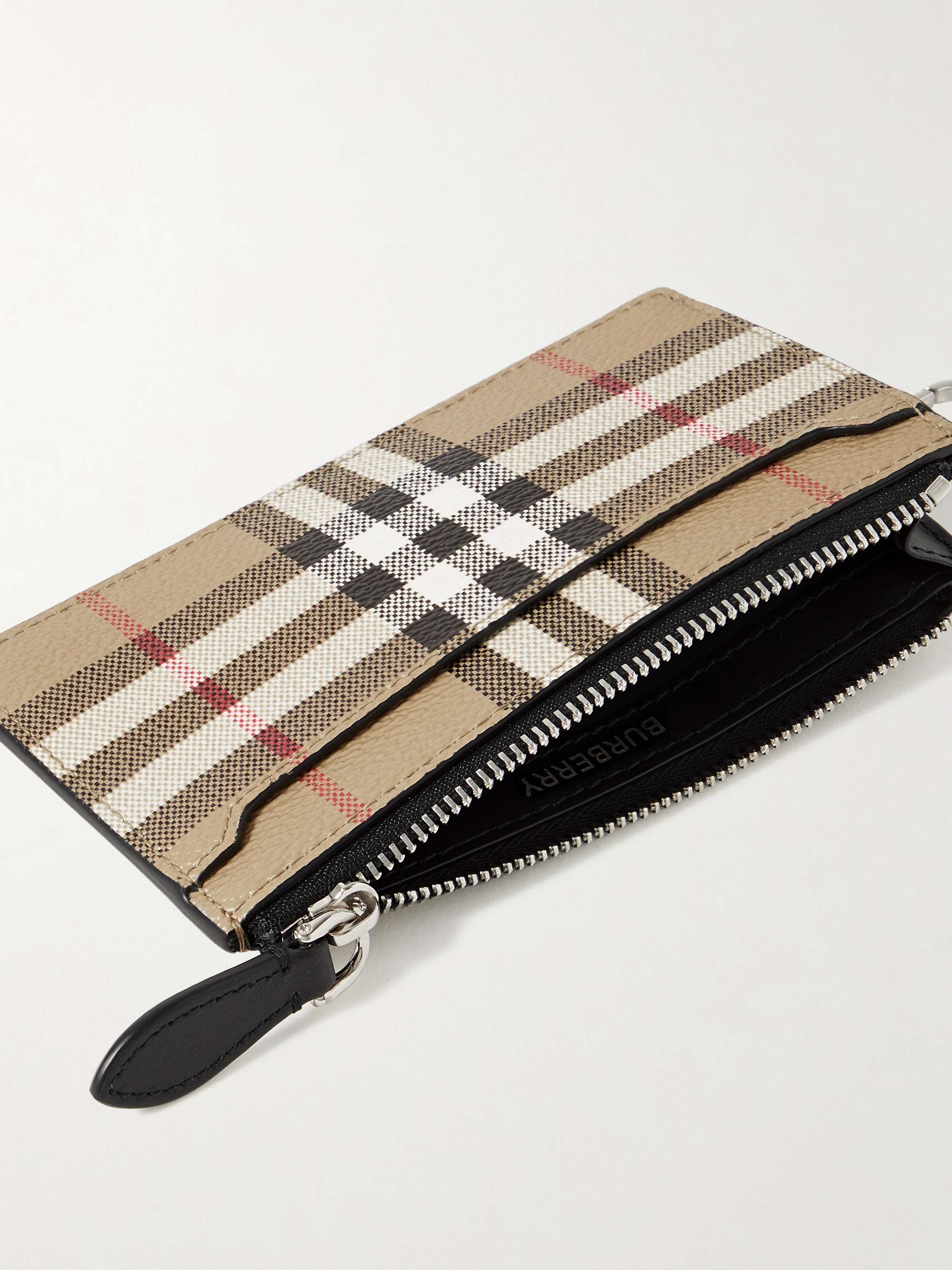 Leather-Trimmed Checked Coated-Canvas Zipped Cardholder