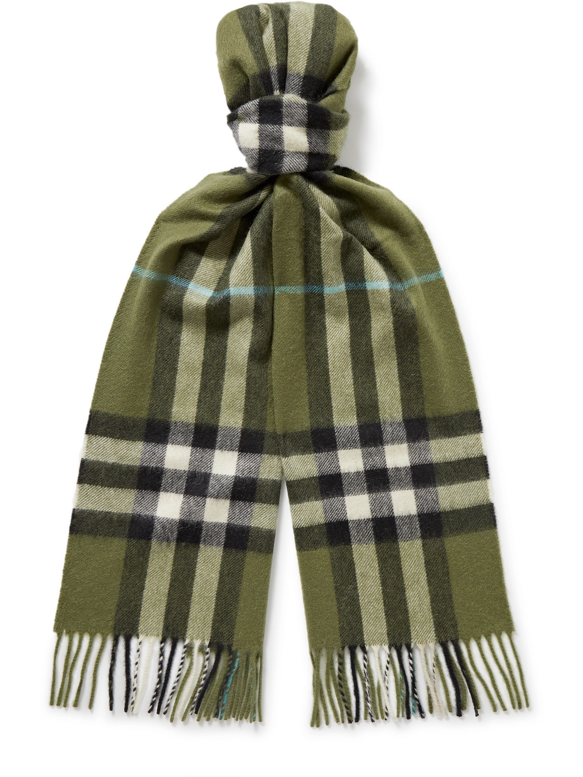 Burberry Fringed Checked Cashmere Scarf In Green